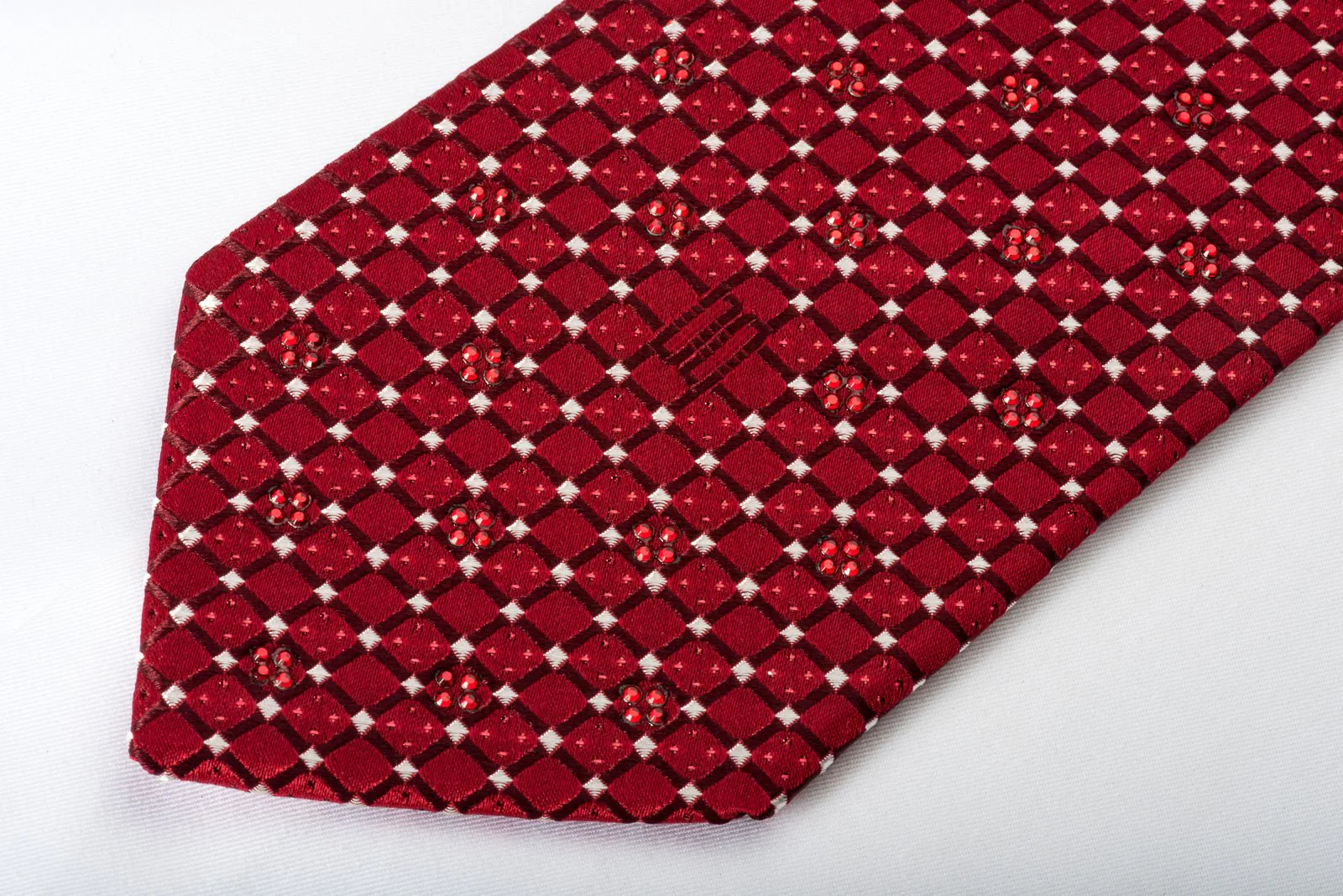 Daks Silk Tie Checkered Trellis On Burgundy With Rhinestones & Sparkles - Image 7