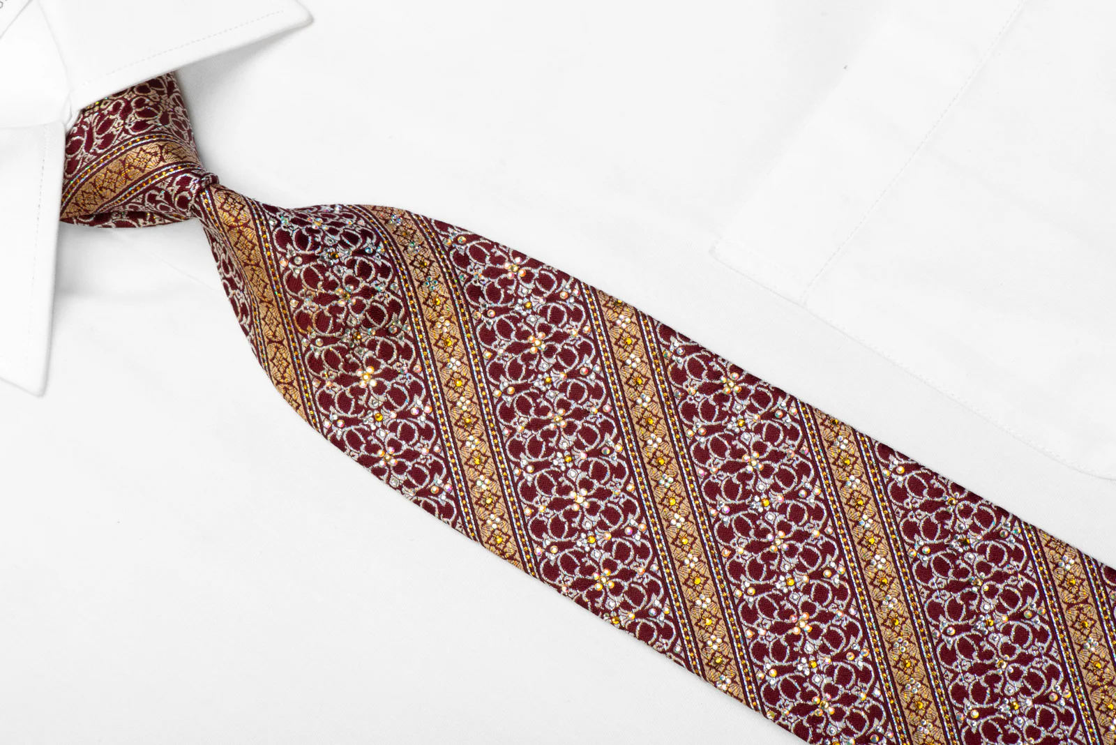 Daks Silk Tie Gold Stipes & Silver Cartouche On Burgundy With Sparkles - Image 2