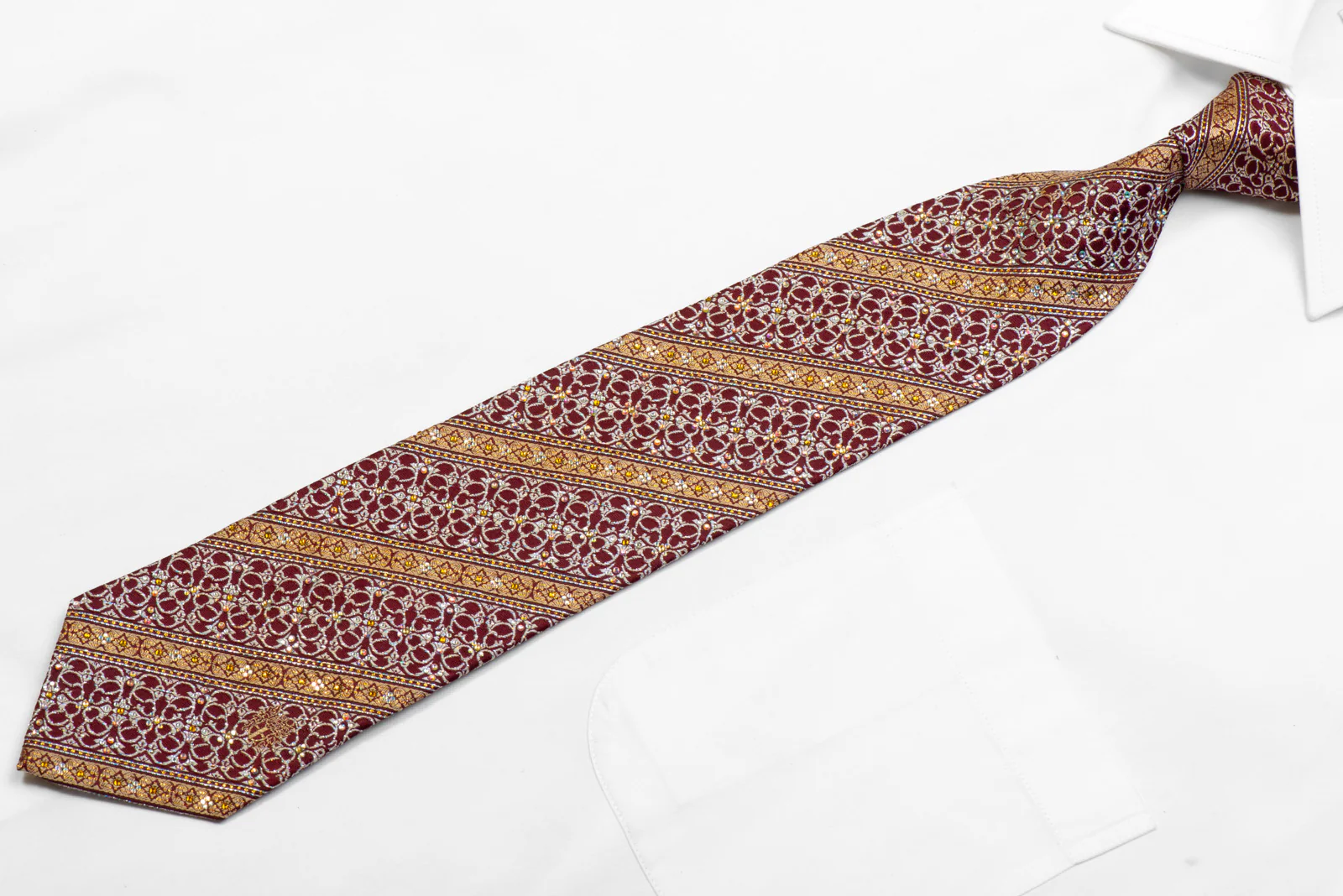Daks Silk Tie Gold Stipes & Silver Cartouche On Burgundy With Sparkles - Image 3