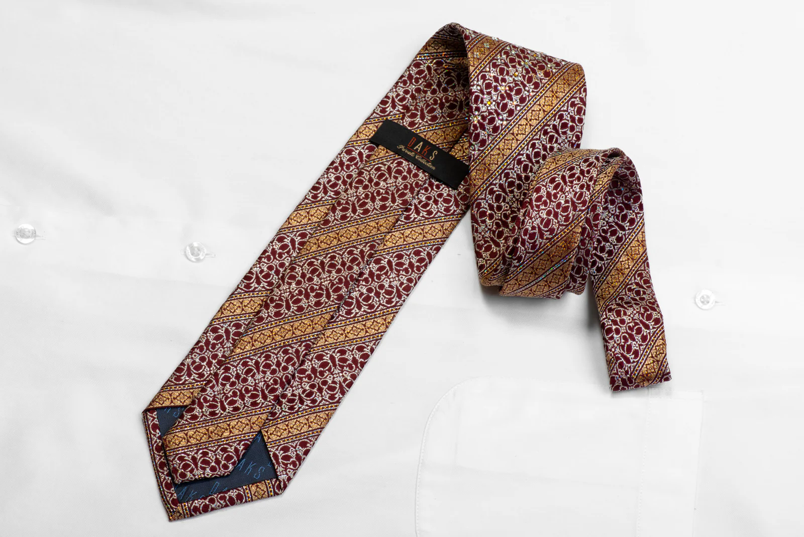 Daks Silk Tie Gold Stipes & Silver Cartouche On Burgundy With Sparkles - Image 5