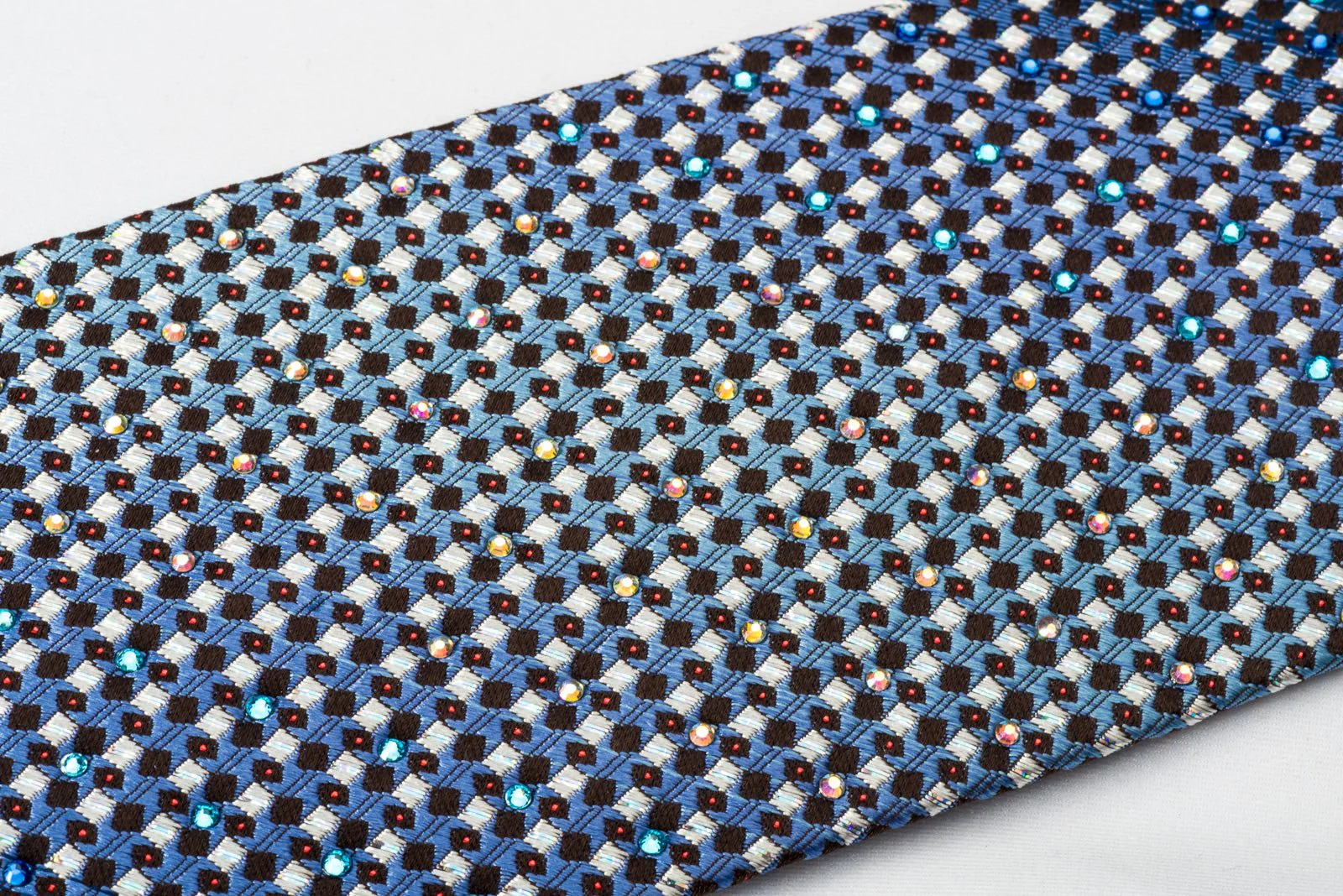 Daks Silk Tie Silver Blue Micro Squares On Brown With Bling Rhinestone & Sparkles - Image 3