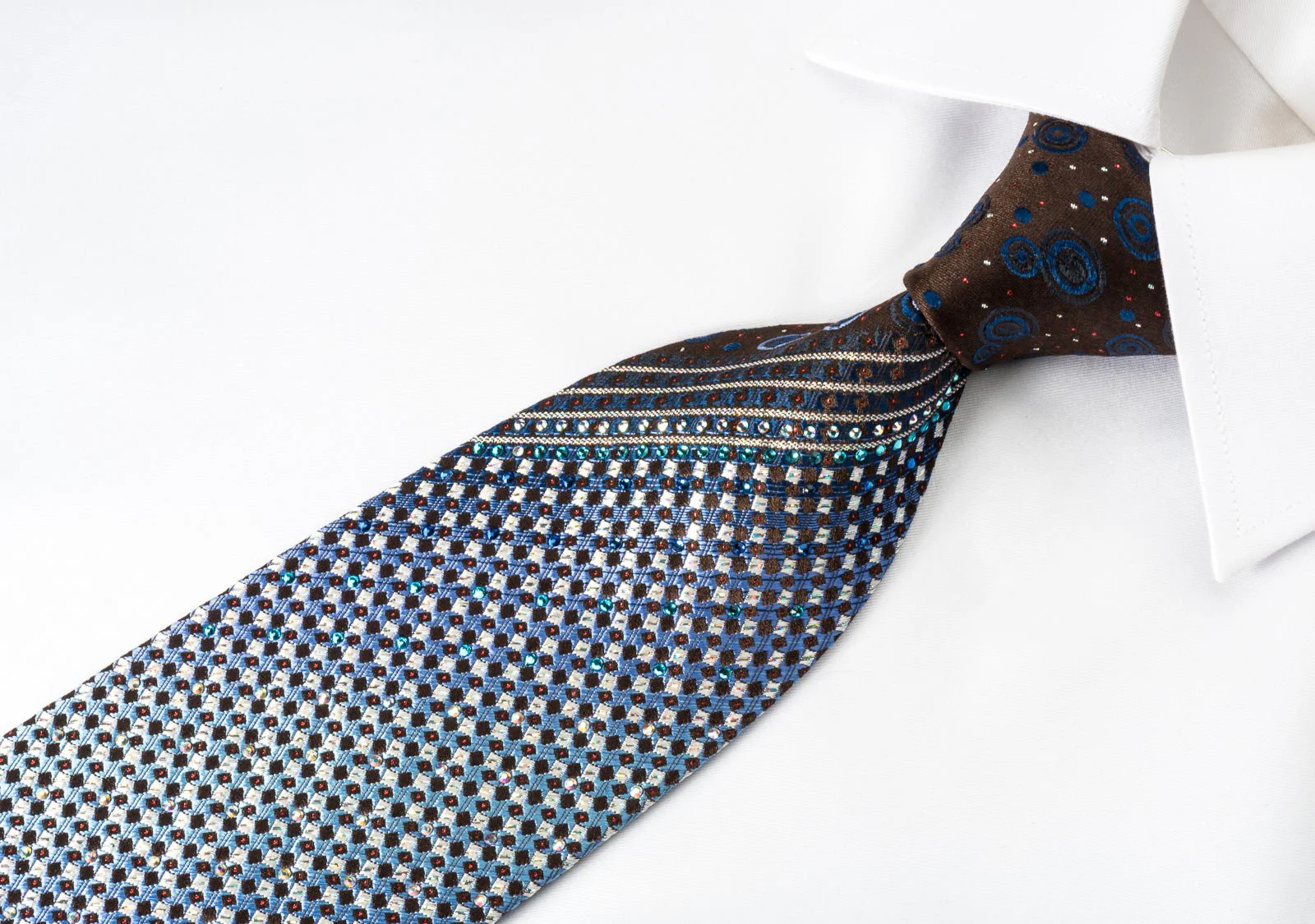 Daks Silk Tie Silver Blue Micro Squares On Brown With Bling Rhinestone & Sparkles - Image 4