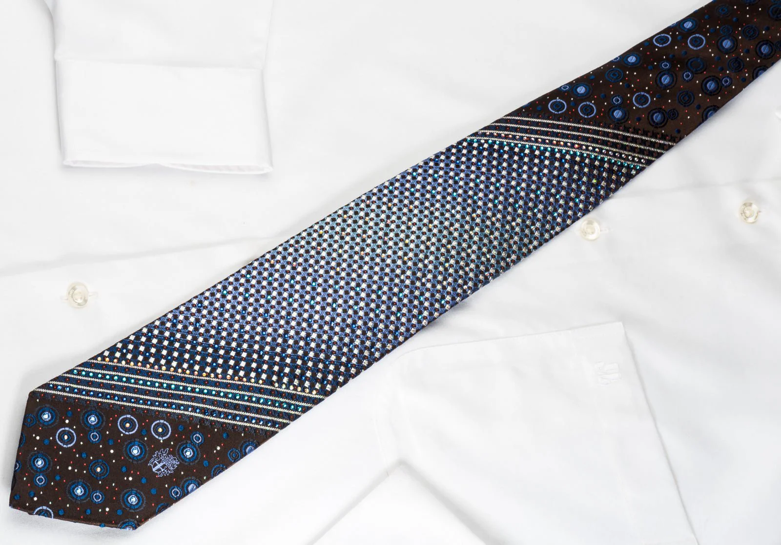 Daks Silk Tie Silver Blue Micro Squares On Brown With Bling Rhinestone & Sparkles - Image 5