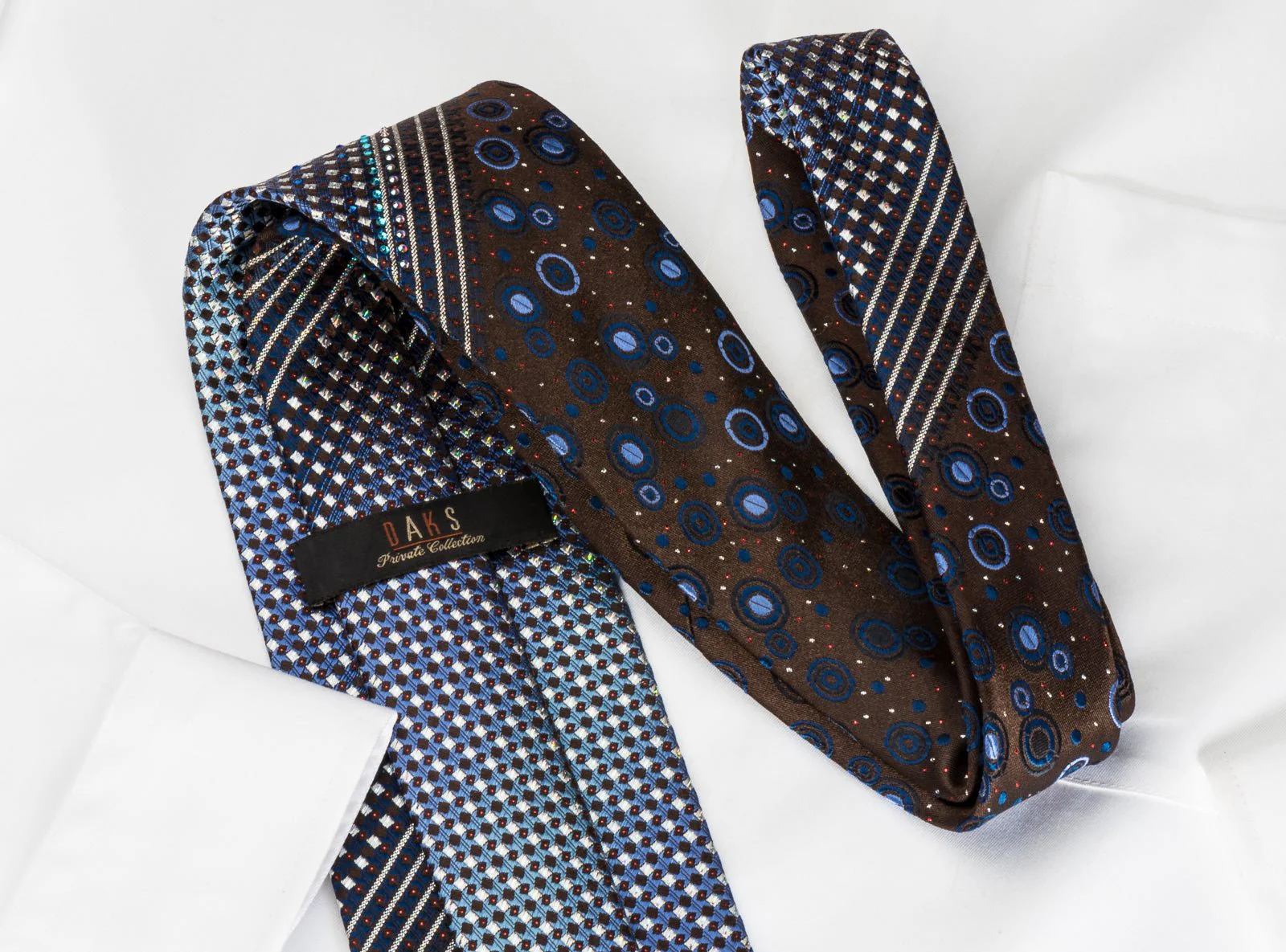 Daks Silk Tie Silver Blue Micro Squares On Brown With Bling Rhinestone & Sparkles - Image 6