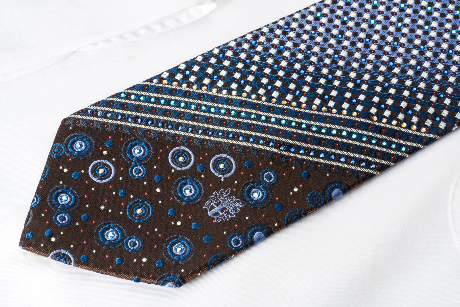 Daks Silk Tie Silver Blue Micro Squares On Brown With Bling Rhinestone & Sparkles - Image 7