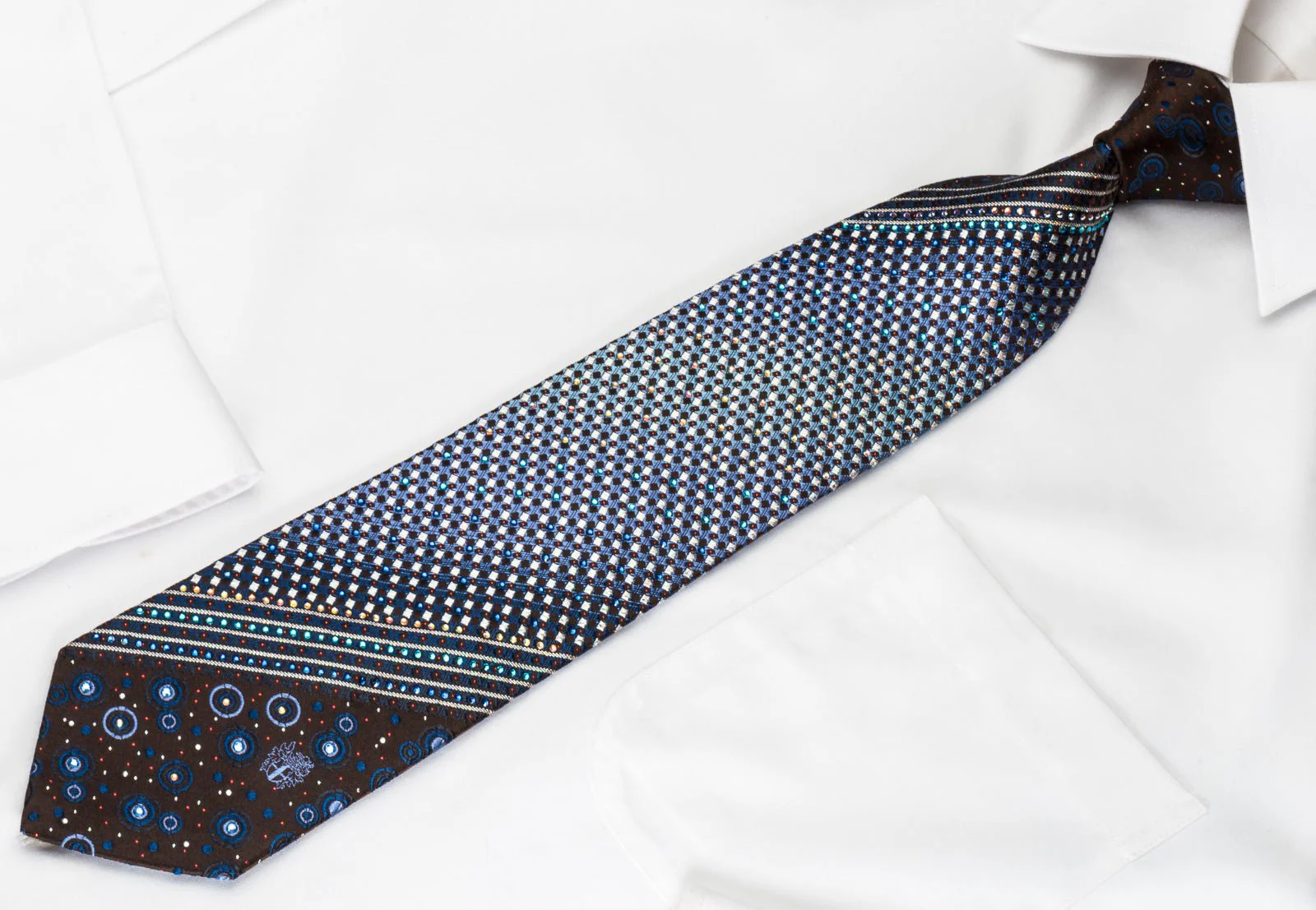 Daks Silk Tie Silver Blue Micro Squares On Brown With Bling Rhinestone & Sparkles - Image 8