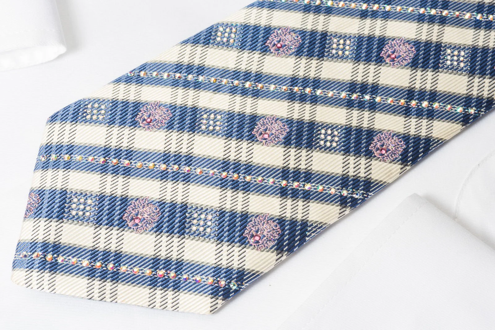 Daks Woven Silk Rhinestone Necktie Blue Striped On Cream With Silver Sparkles - Image 2