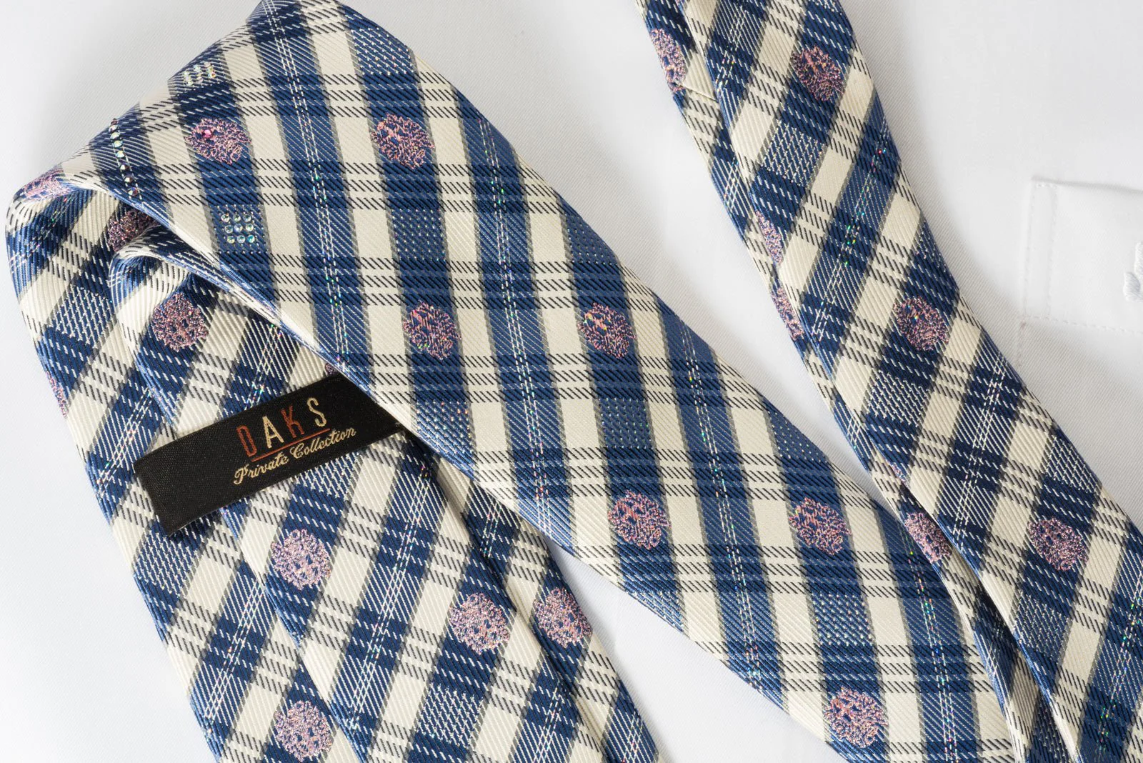Daks Woven Silk Rhinestone Necktie Blue Striped On Cream With Silver Sparkles - Image 3