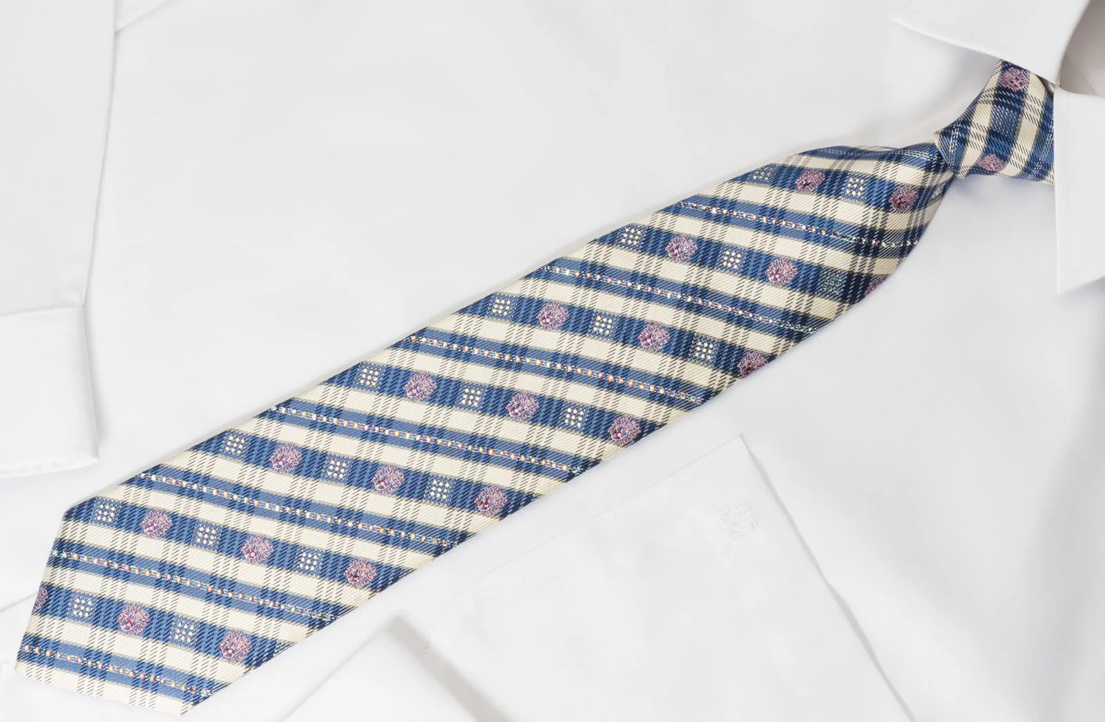 Daks Woven Silk Rhinestone Necktie Blue Striped On Cream With Silver Sparkles - Image 4