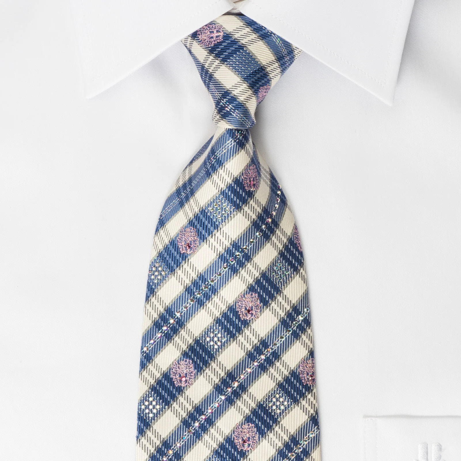 Daks Woven Silk Rhinestone Necktie Blue Striped On Cream With Silver Sparkles - Image 5