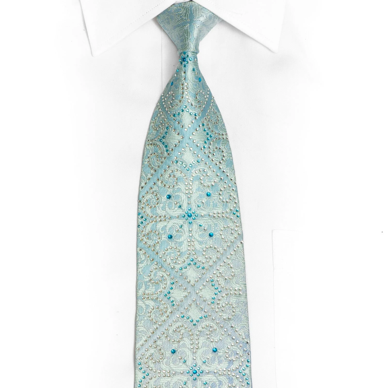 Damask On Light Blue Rhinestone Silk Tie With Silver Sparkles