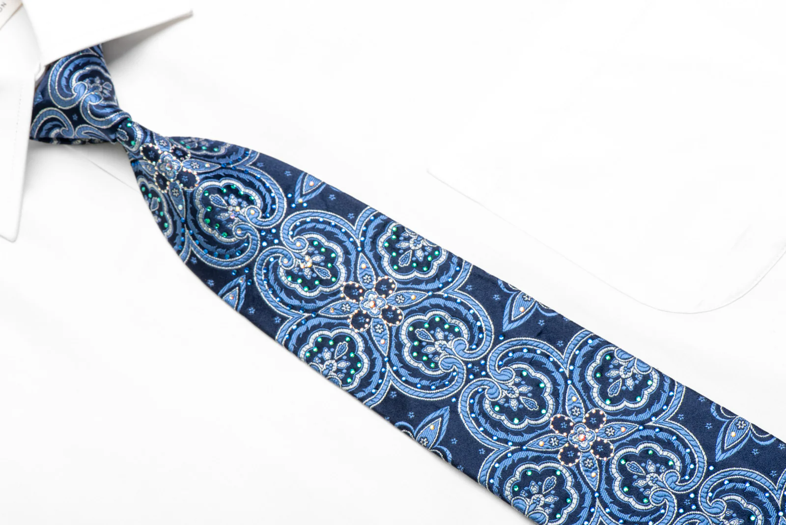 Damask On Navy Blue Rhinestone Silk Tie With Silver Sparkles - Image 2