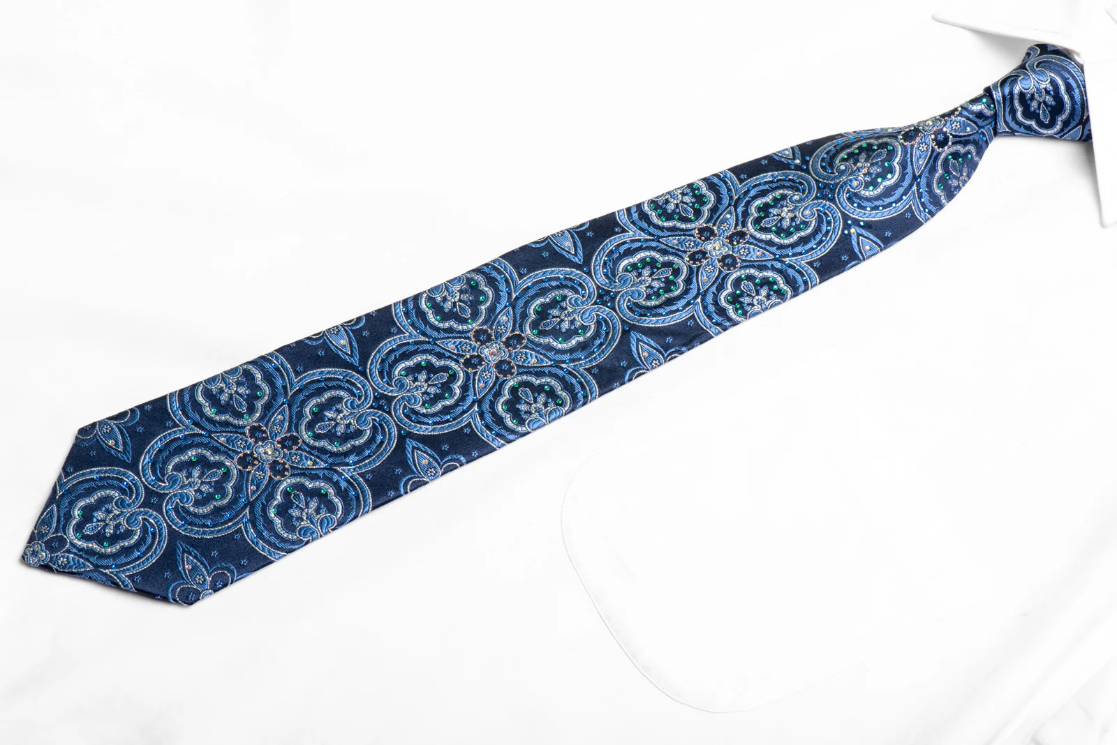 Damask On Navy Blue Rhinestone Silk Tie With Silver Sparkles - Image 3