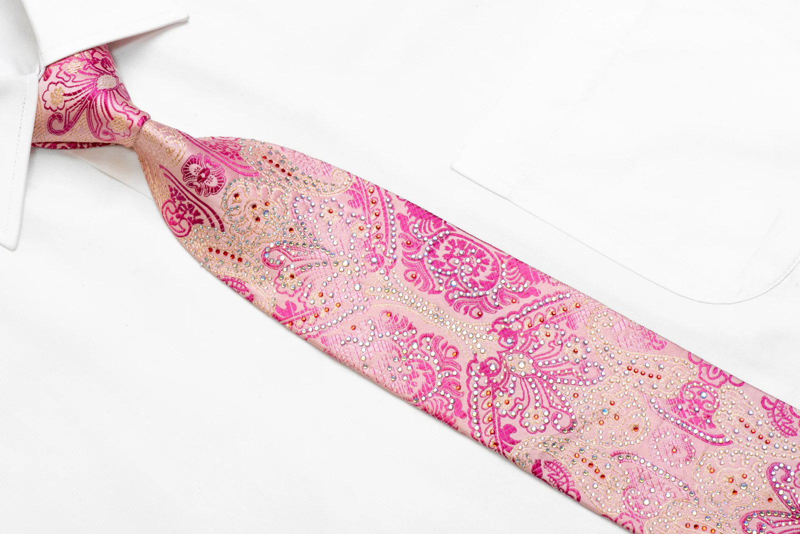 Damask On Pink Rhinestone Silk Necktie With Silver Sparkles - Image 2