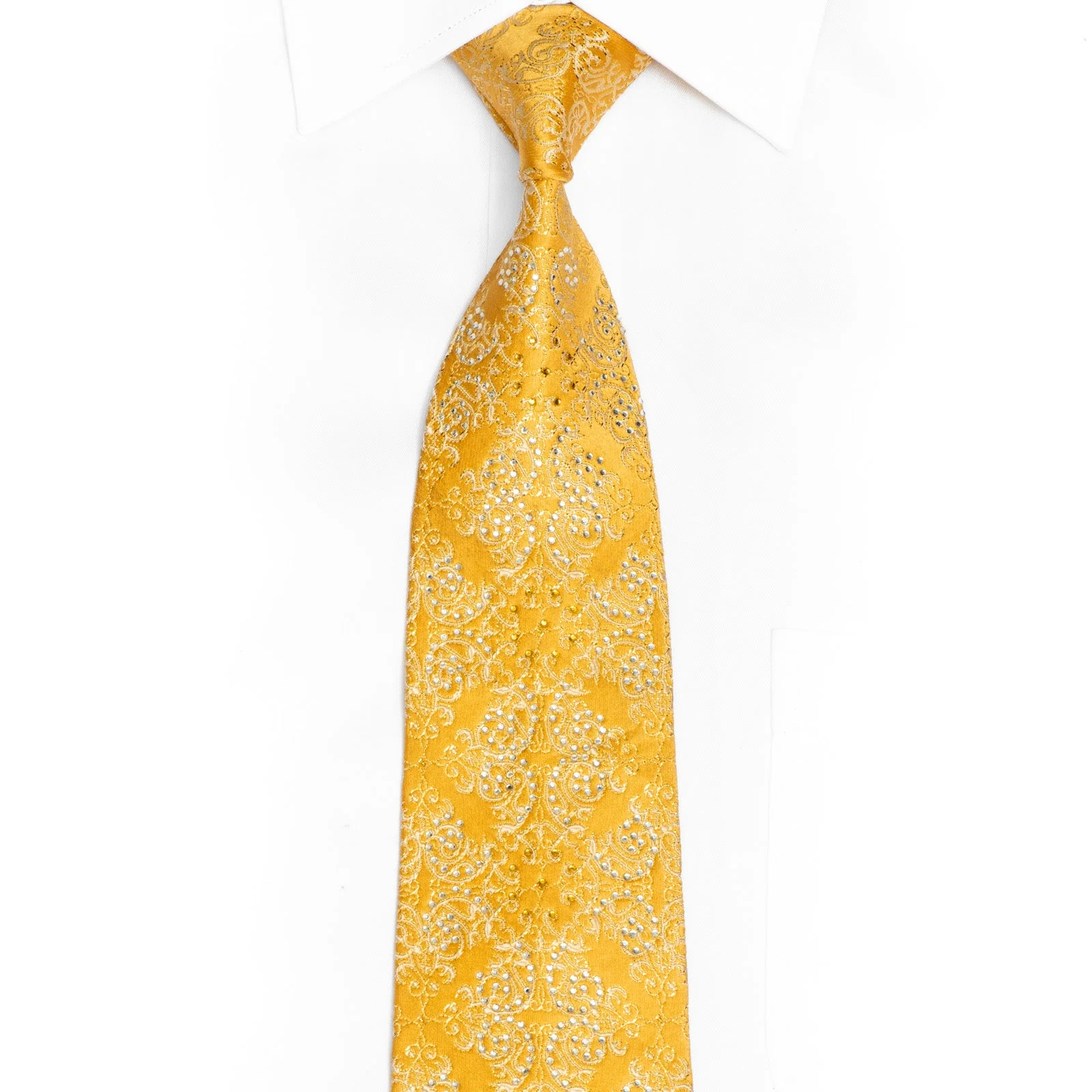 Damask On Yellow Rhinestone Silk Tie With Gold Sparkles