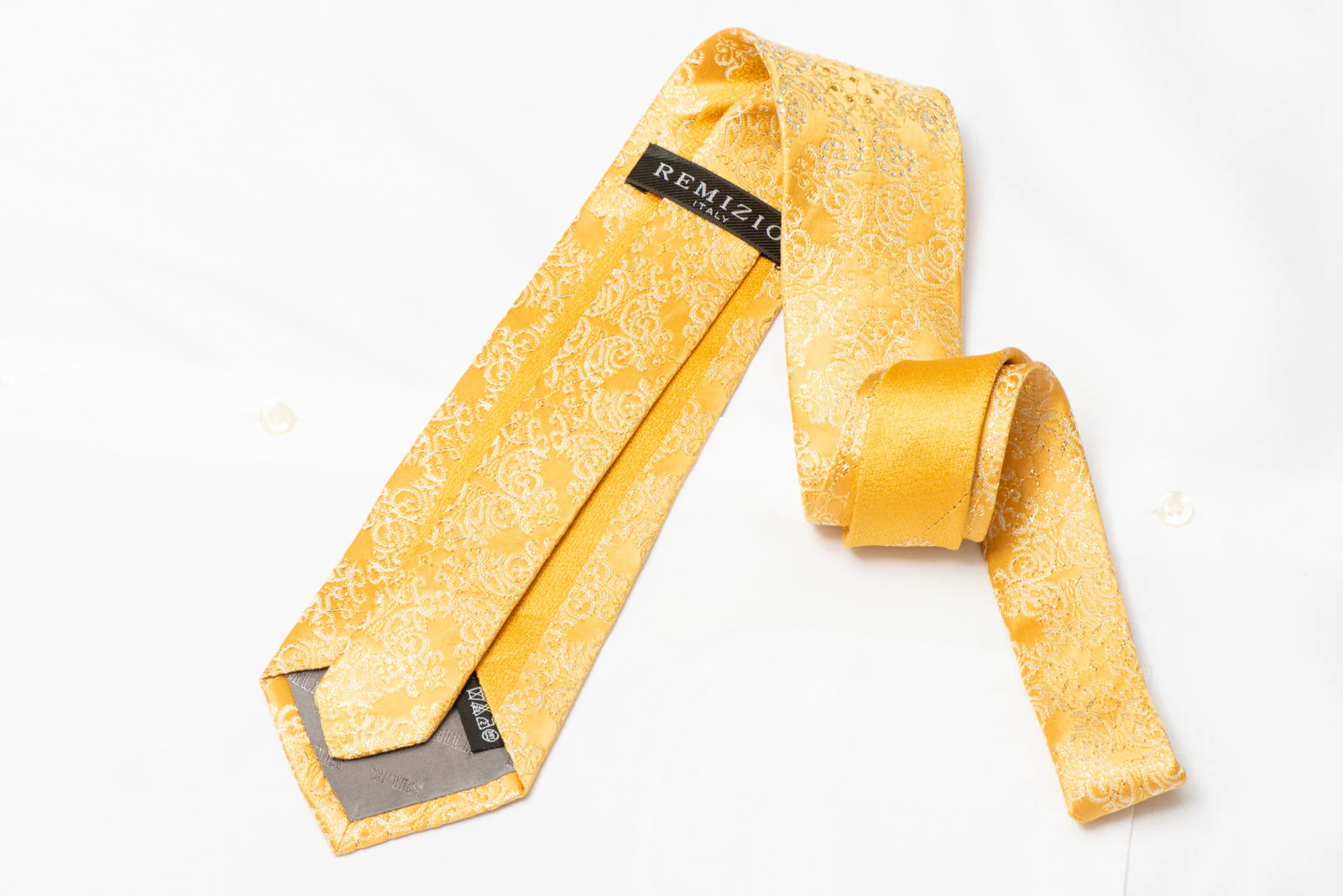 Damask On Yellow Rhinestone Silk Tie With Gold Sparkles - Image 3