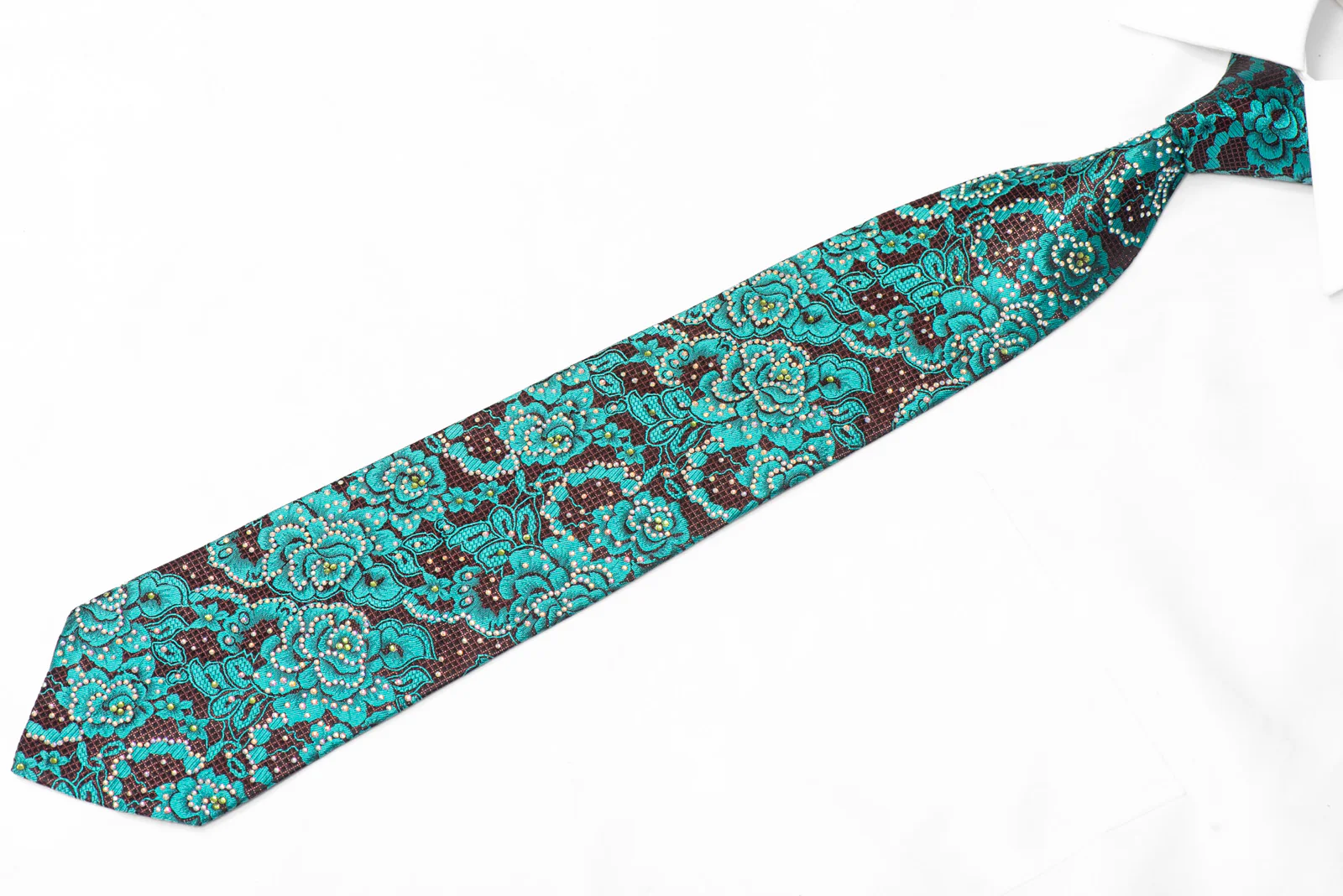 Teal Floral On Black Burgundy Rhinestone Necktie With Silver Sparkles - Image 3