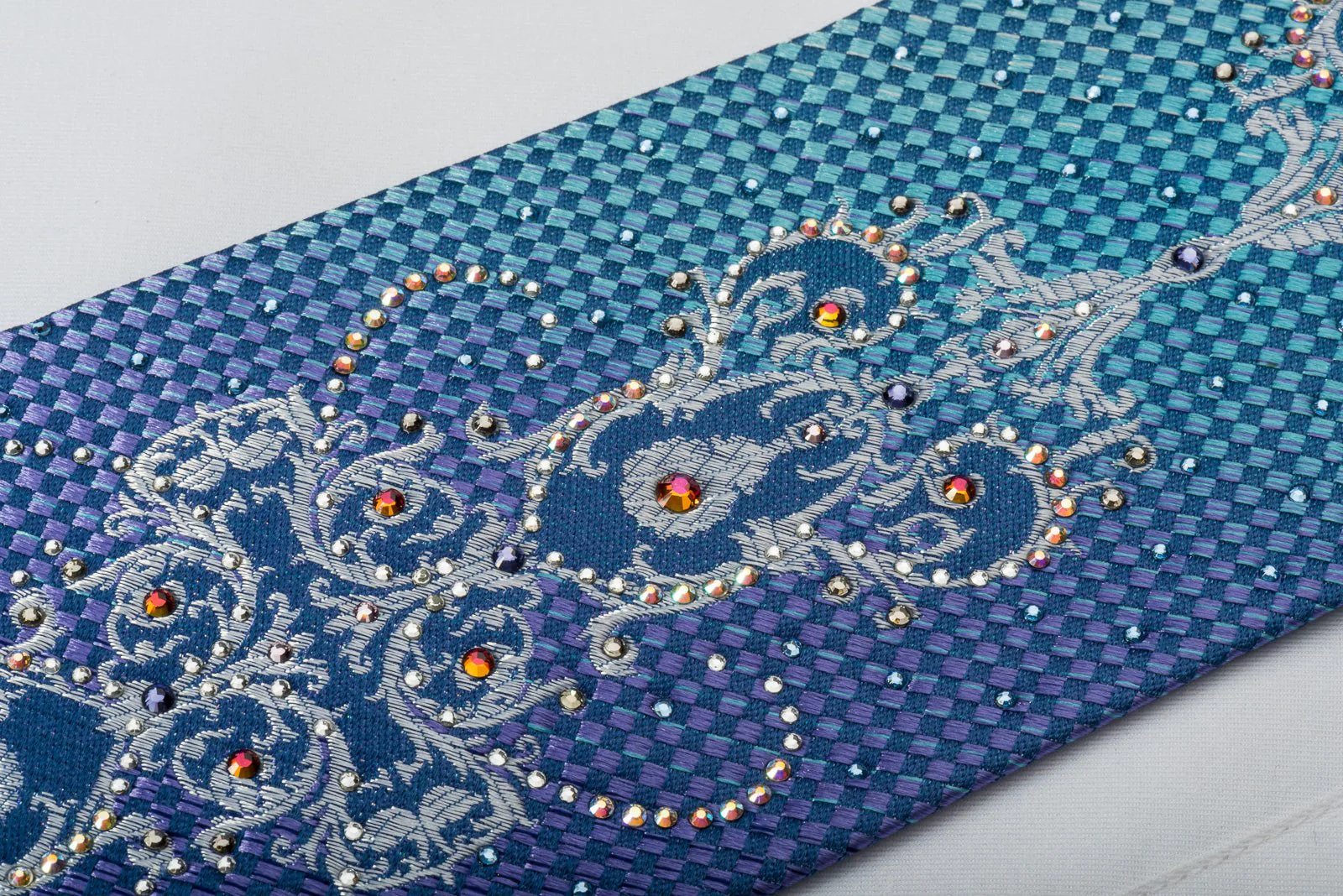 Daniel Hechter Bling Silk Tie Silver Damask On Turquoise Violet With Rhinestones - Image 3