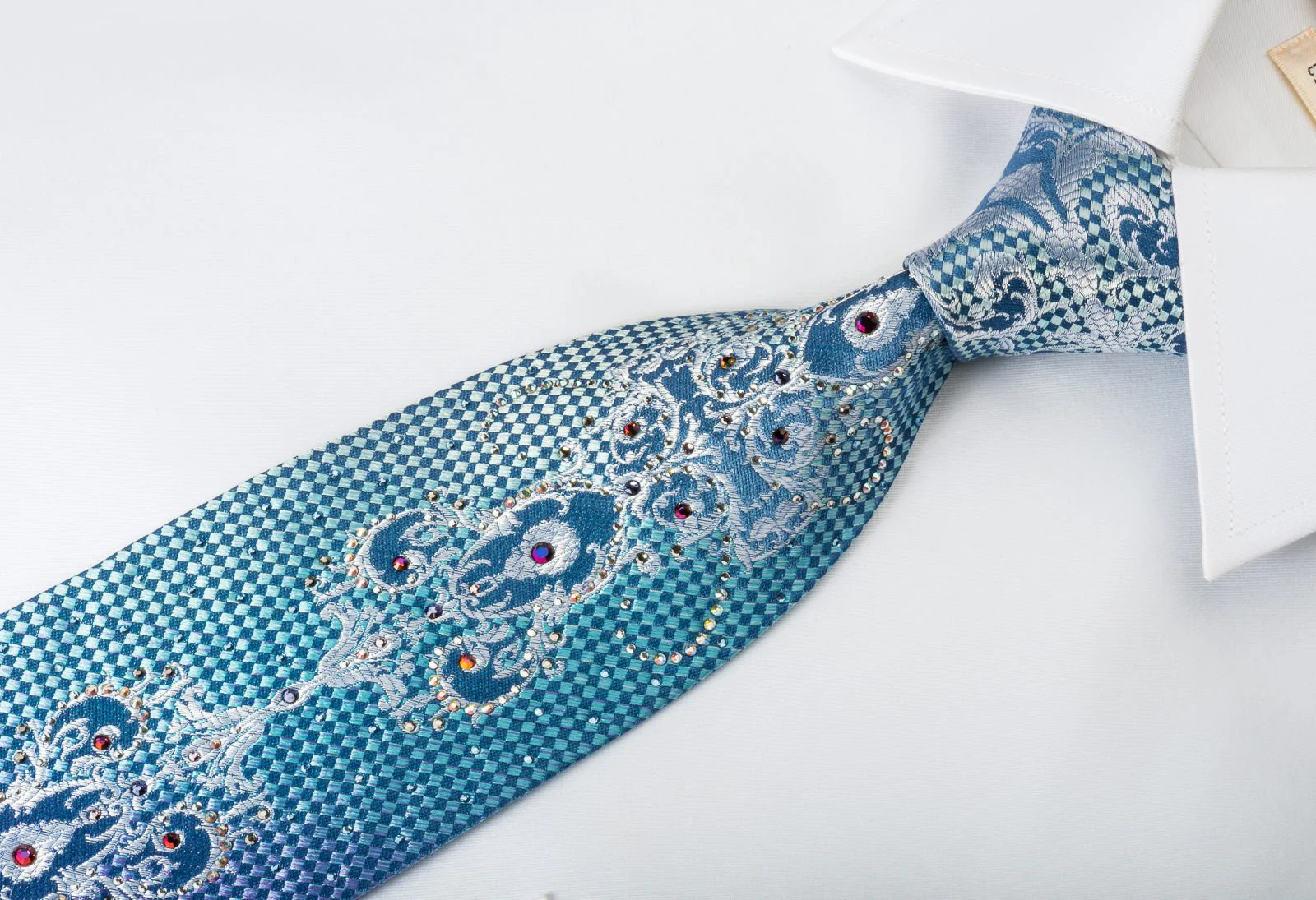 Daniel Hechter Bling Silk Tie Silver Damask On Turquoise Violet With Rhinestones - Image 4