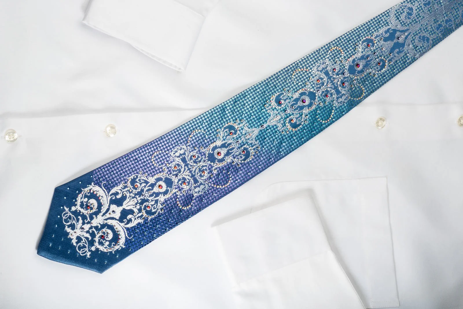 Daniel Hechter Bling Silk Tie Silver Damask On Turquoise Violet With Rhinestones - Image 5