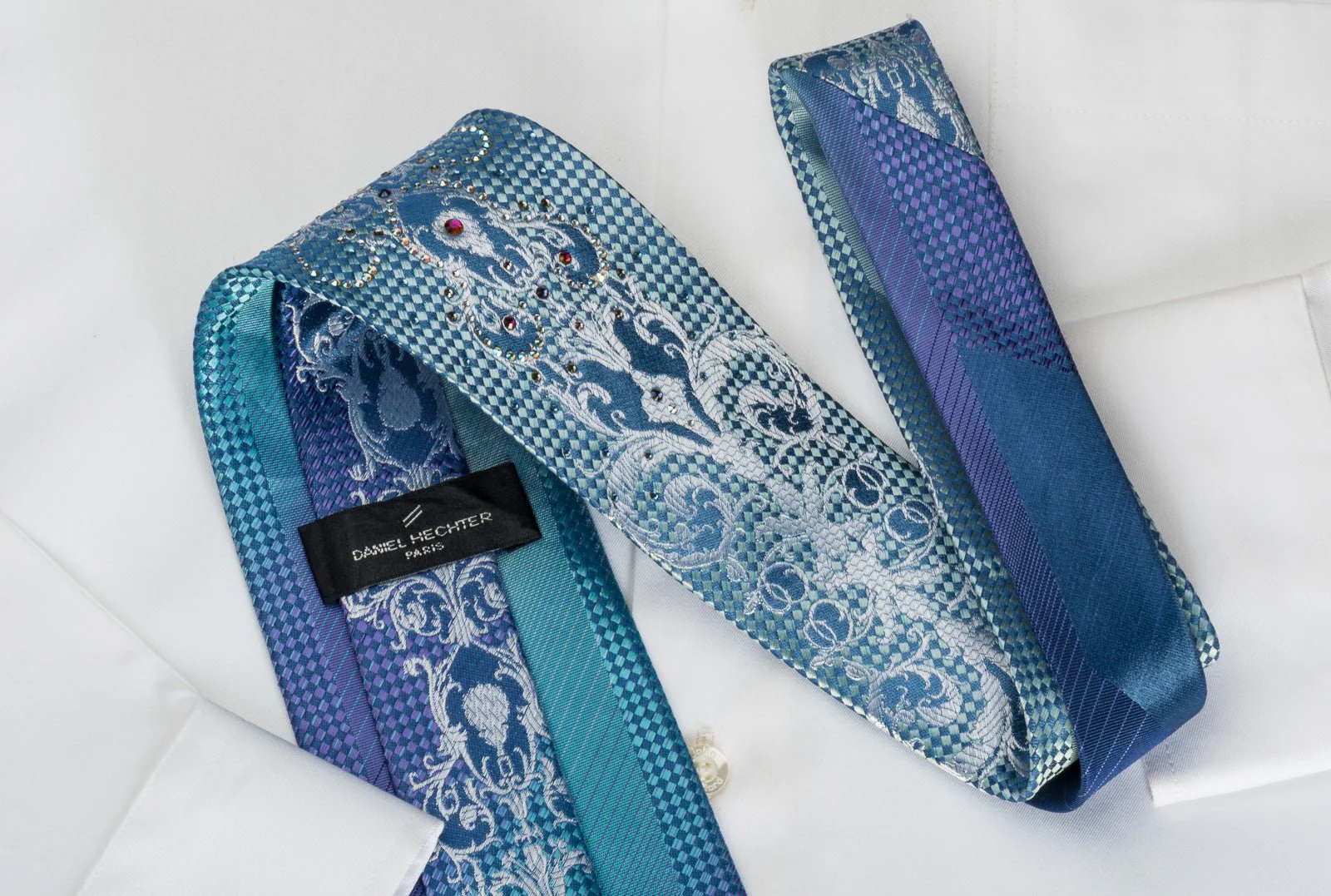 Daniel Hechter Bling Silk Tie Silver Damask On Turquoise Violet With Rhinestones - Image 6