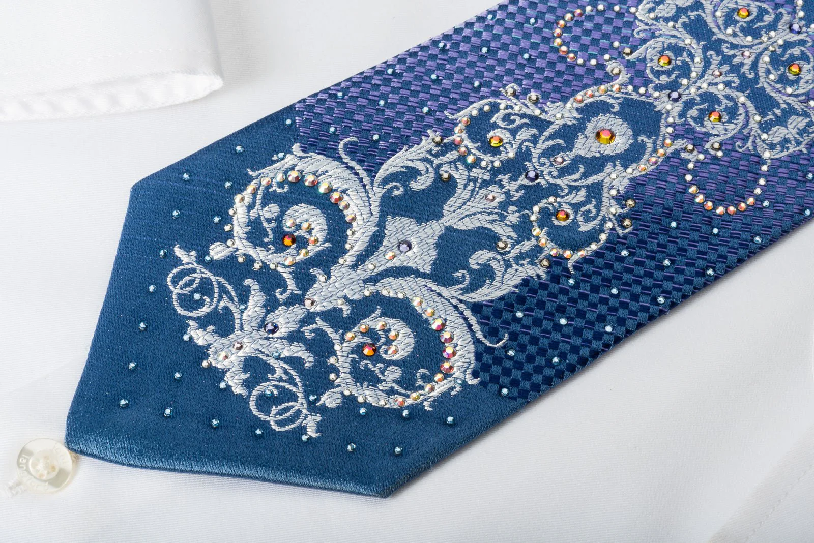Daniel Hechter Bling Silk Tie Silver Damask On Turquoise Violet With Rhinestones - Image 7