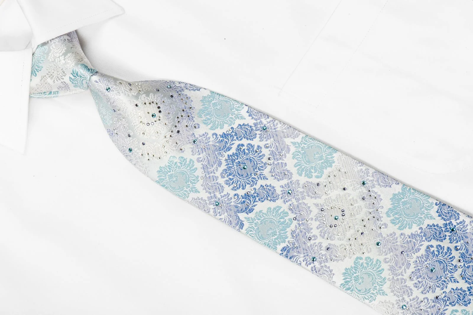 Daniel Hechter Men's Crystal Rhinestone Silk Necktie Damask On Pale Blue With Silver Sparkles - Image 2