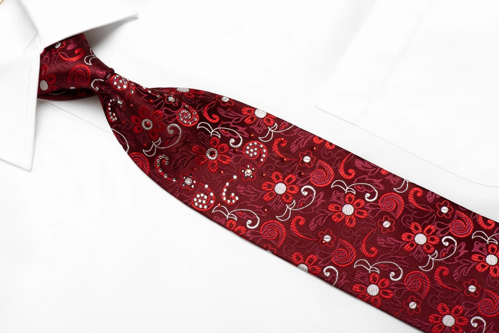 Daniel Hechter Men's Crystal Rhinestone Silk Necktie Floral On Burgundy - Image 4