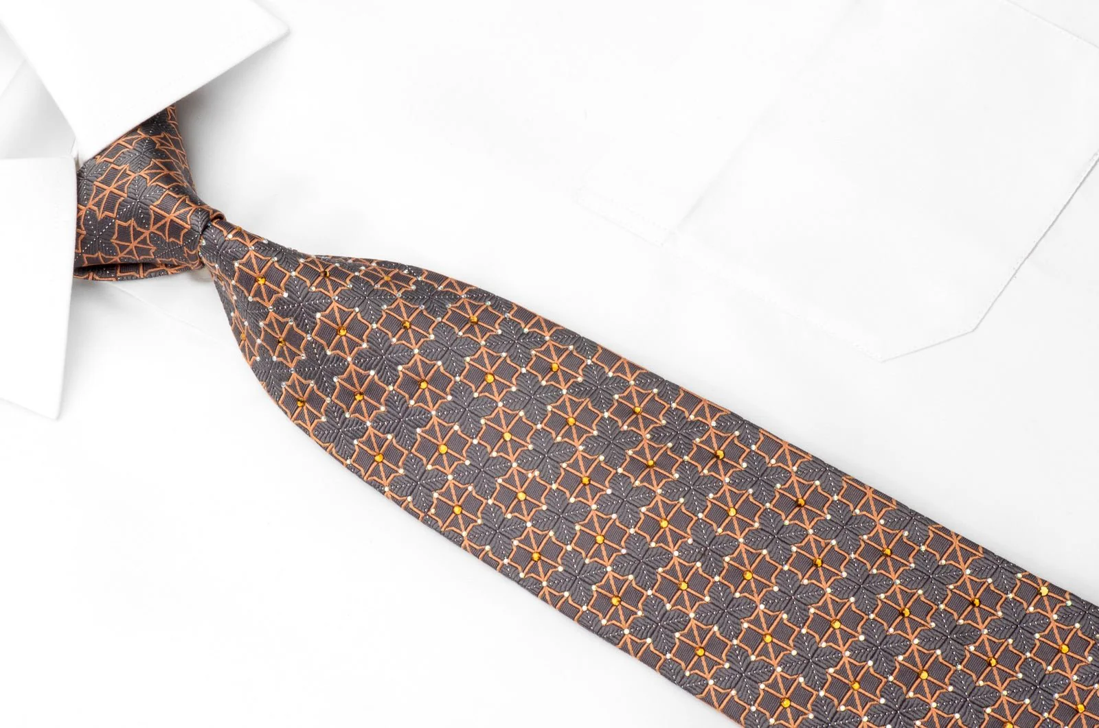 Daniel Hechter Men's Crystal Rhinestone Silk Necktie Orange Trellis On Silver Gray With Sparkle - Image 2