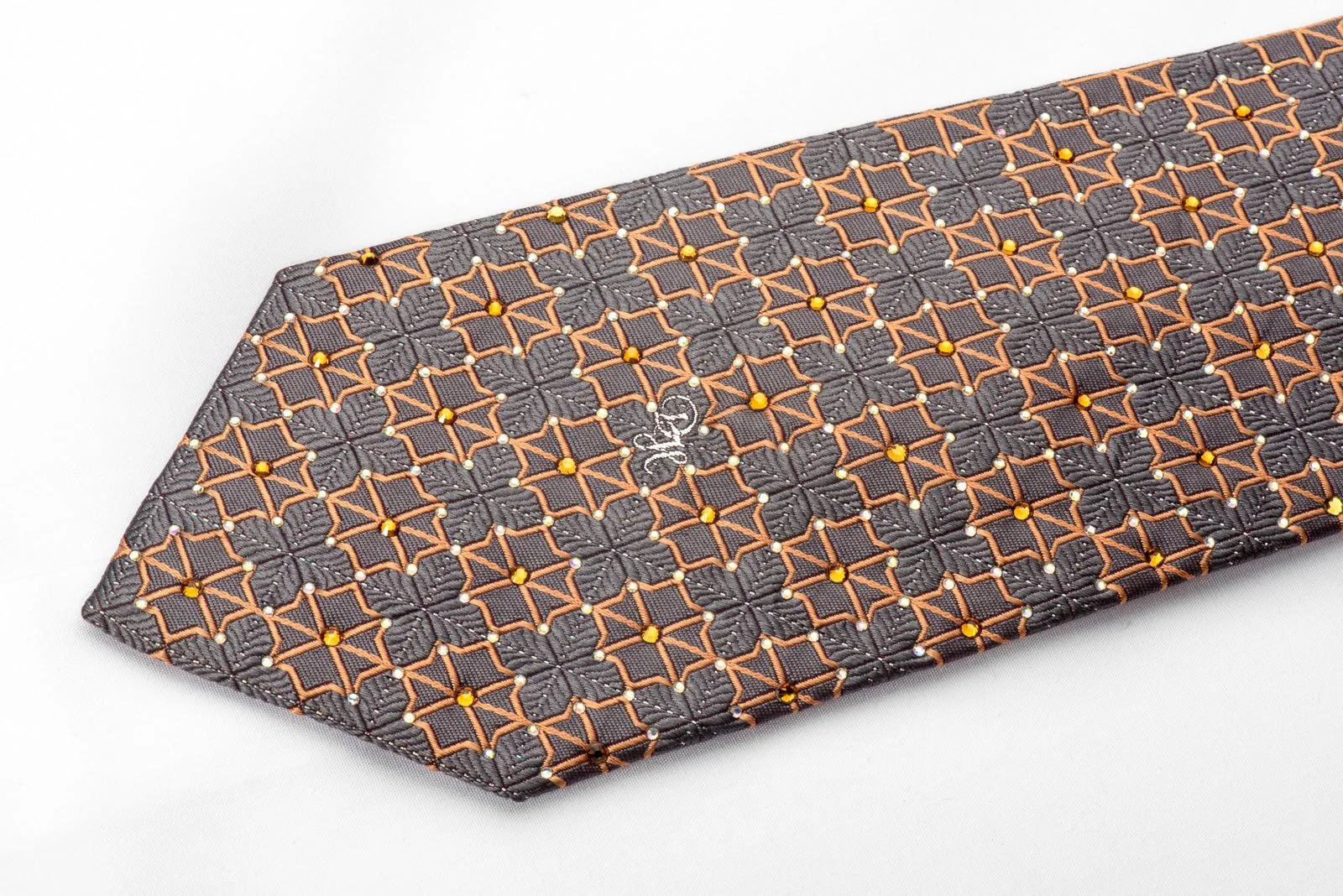 Daniel Hechter Men's Crystal Rhinestone Silk Necktie Orange Trellis On Silver Gray With Sparkle - Image 3