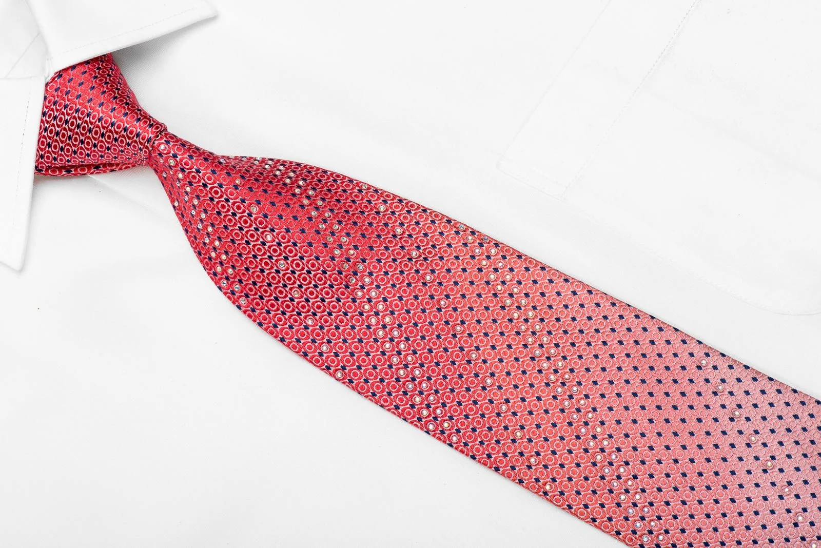 Daniel Hechter Men's Crystal Silk Necktie Red Blue Geometric On Pink With Sparkles - Image 2