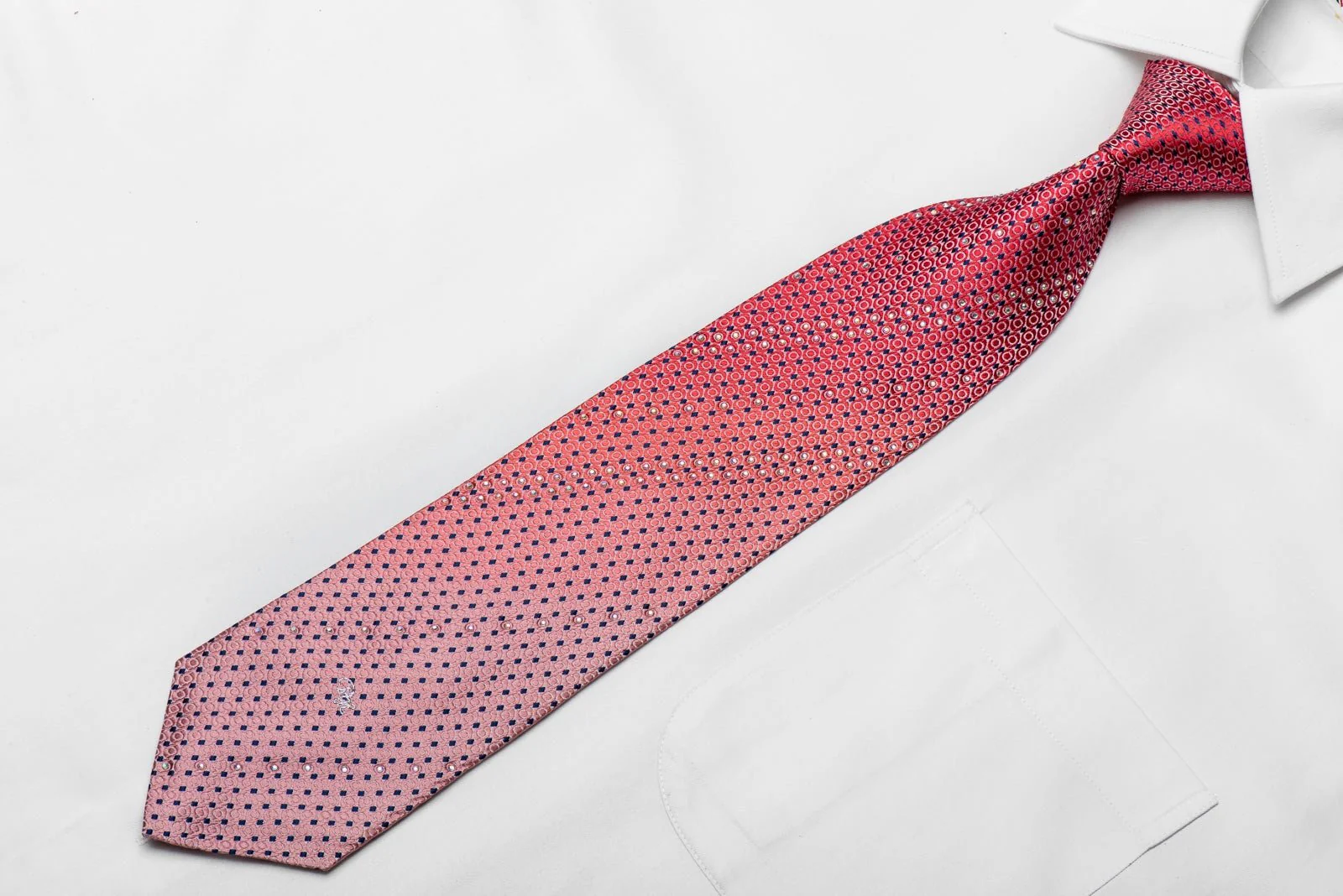 Daniel Hechter Men's Crystal Silk Necktie Red Blue Geometric On Pink With Sparkles - Image 3