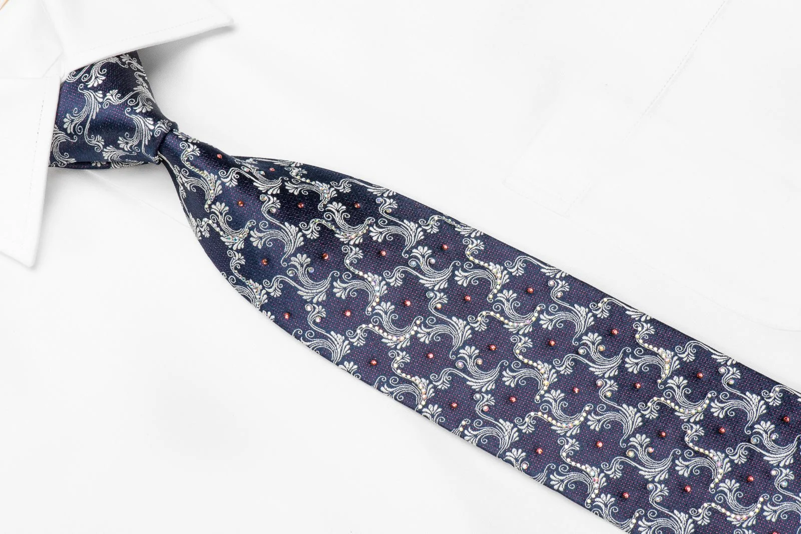 Daniel Hechter Men's Crystal Silk Necktie Silver Acanthus On Blue With Red Sparkles - Image 2