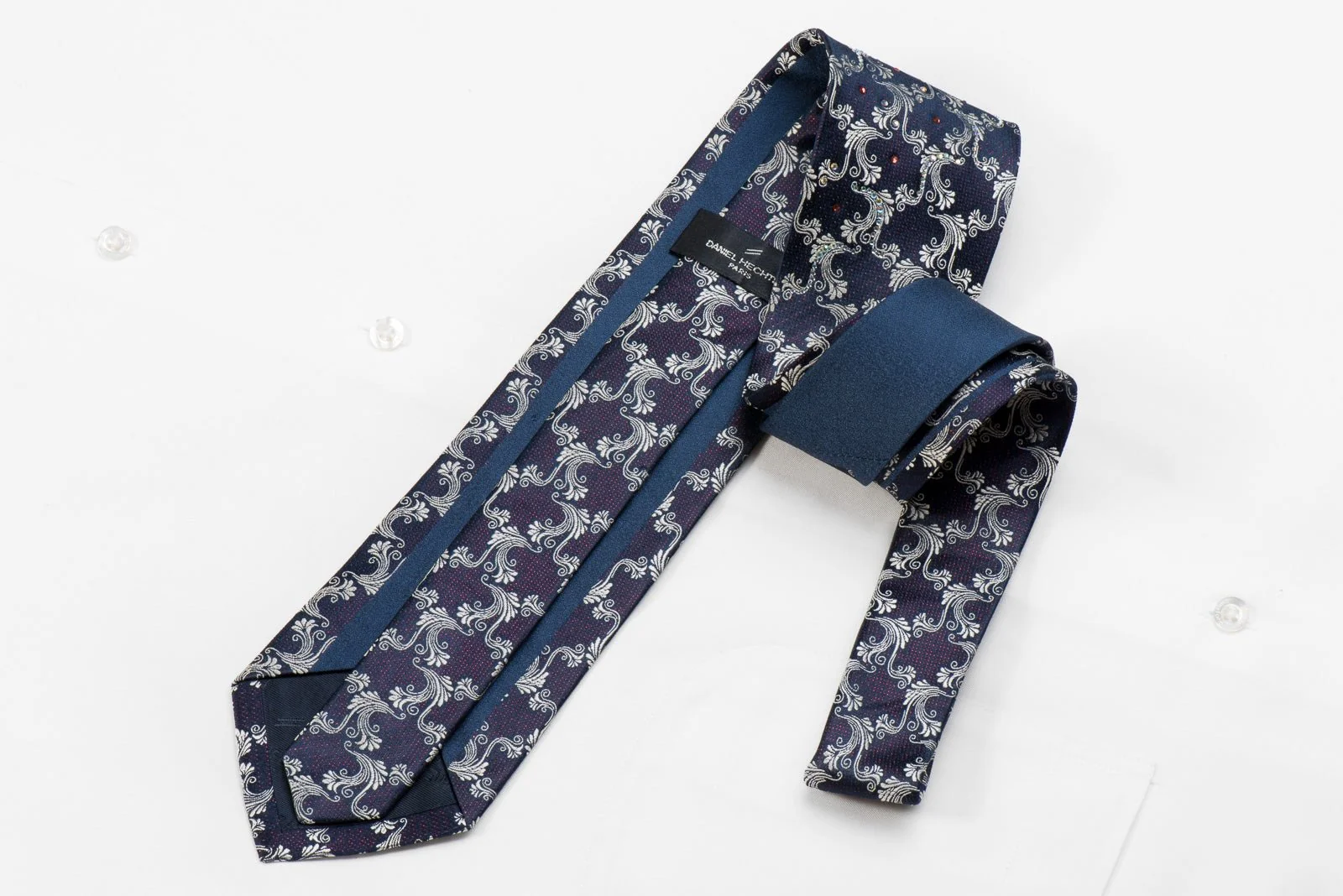Daniel Hechter Men's Crystal Silk Necktie Silver Acanthus On Blue With Red Sparkles - Image 6