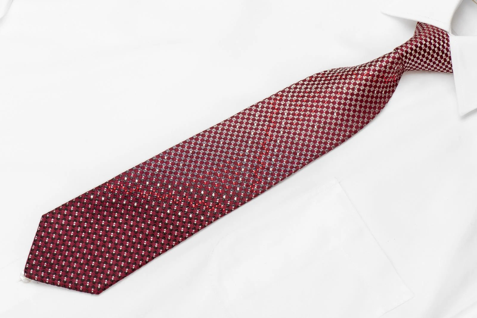 Daniel Hechter Men's Crystal Silk Necktie Silver Burgundy Checkered With Silver Sparkles - Image 3