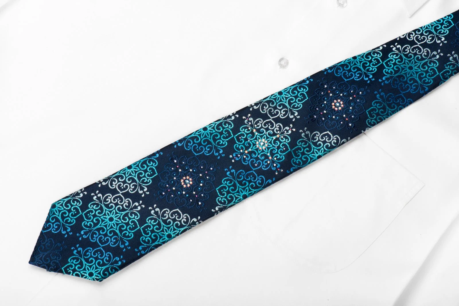 Daniel Hechter Men's Crystal Silk Tie Damask On Blue Sparkling With Rhinestones - Image 4