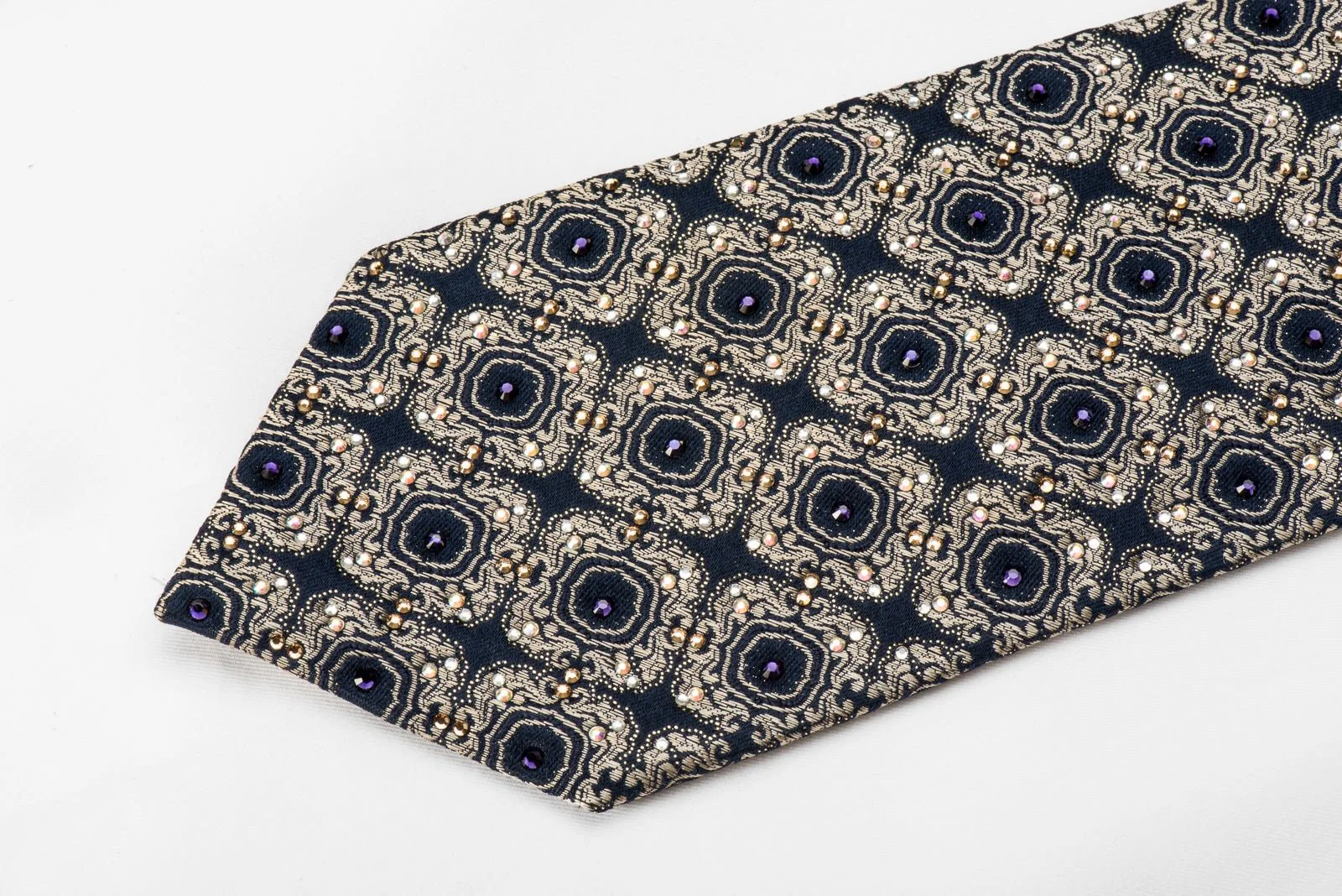 Golden Cartouche On Navy Men's Crystal Silk Tie With Sparkles - Image 3