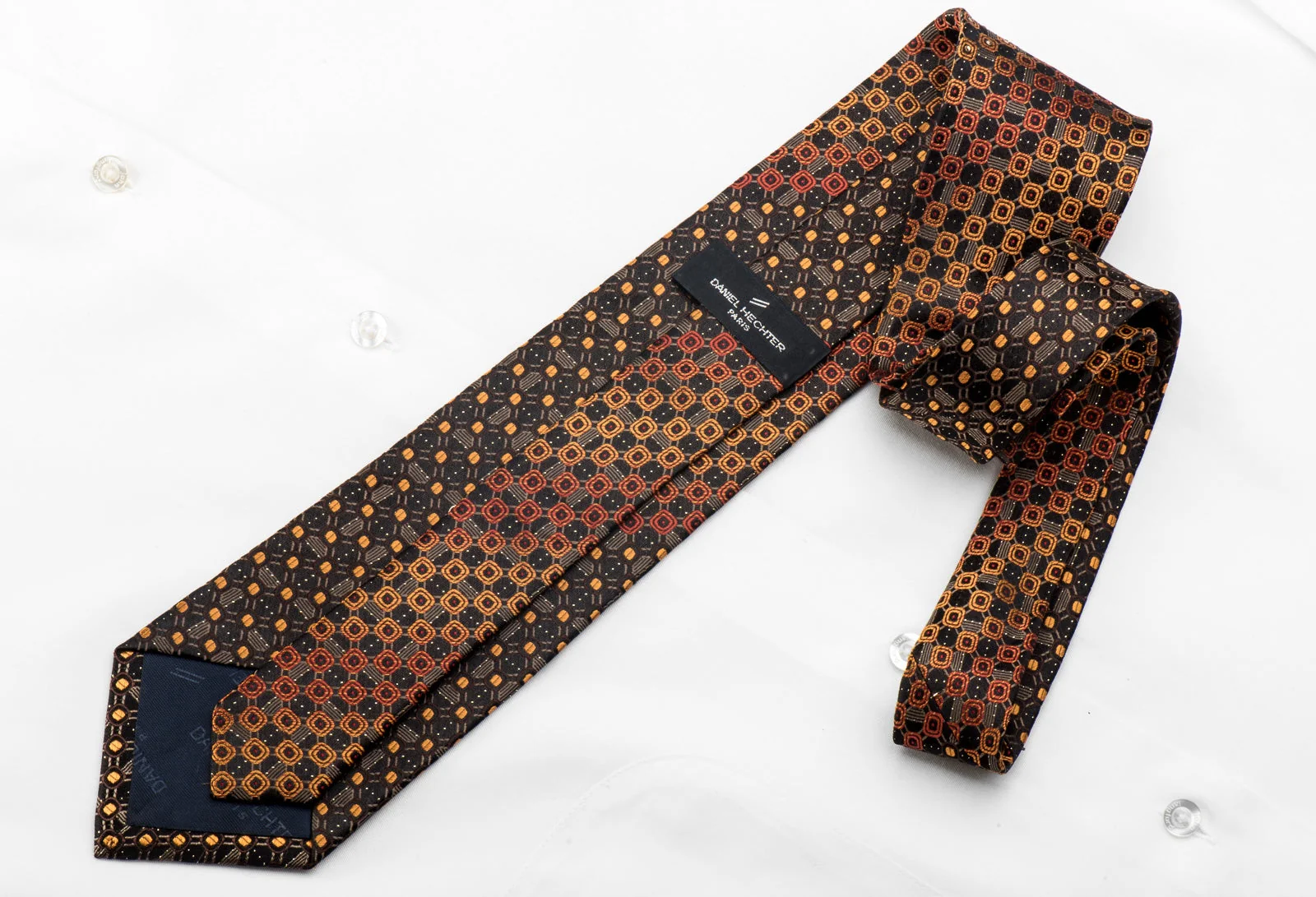 Daniel Hechter Men's Crystal Silk Tie Orange Brown Geometric On Black With Silver Sparkles - Image 5