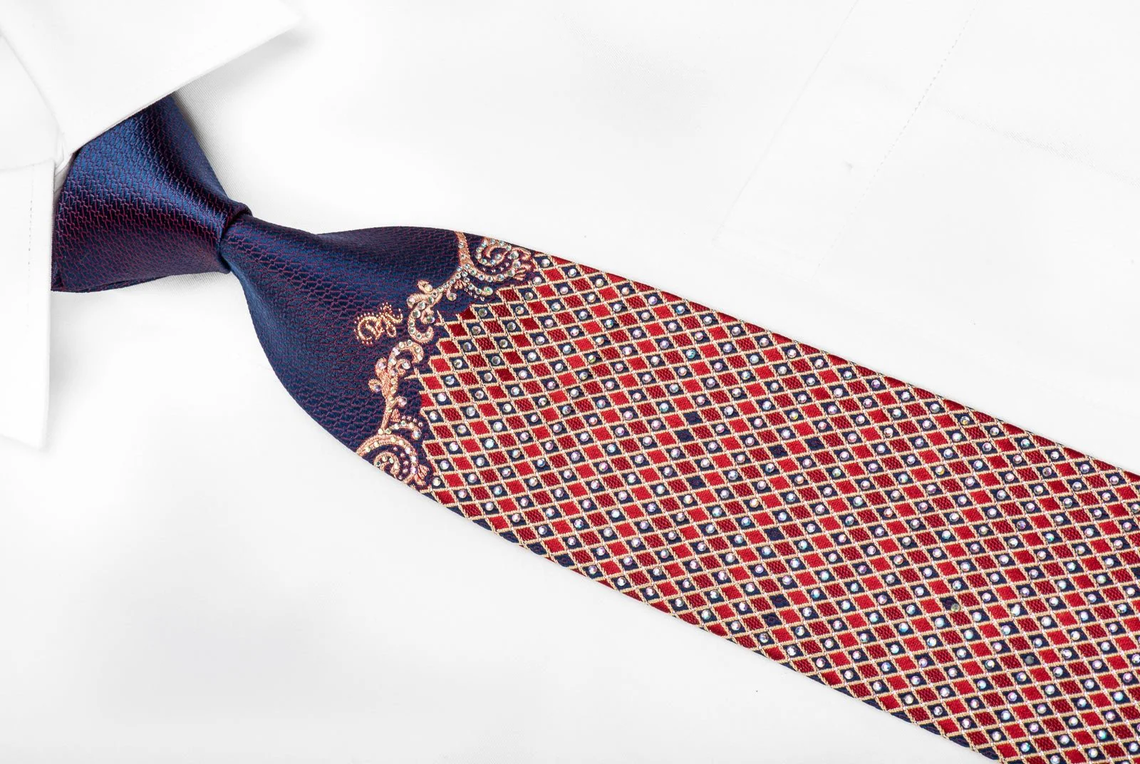 Daniel Hechter Men's Crystal Silk Tie Red Gold Harlequin Checker On Dark Blue With Gold Sparkles - Image 2