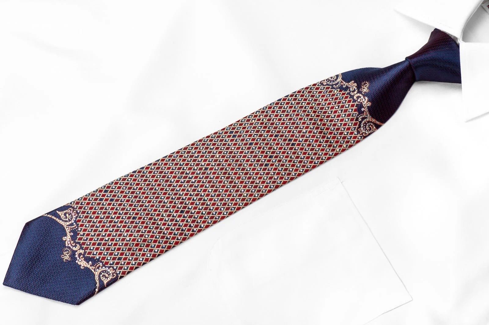 Daniel Hechter Men's Crystal Silk Tie Red Gold Harlequin Checker On Dark Blue With Gold Sparkles - Image 4