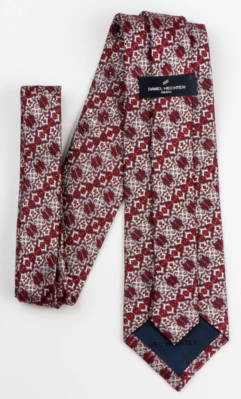 Daniel Hechter Men's Rhinestone Necktie Striped Silver Damask Motif On Burgundy - Image 2
