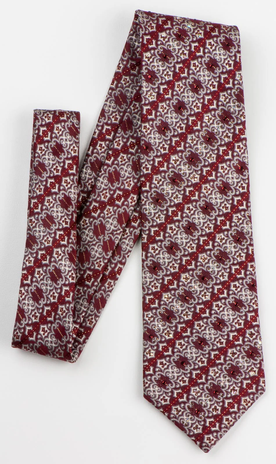 Daniel Hechter Men's Rhinestone Necktie Striped Silver Damask Motif On Burgundy - Image 4
