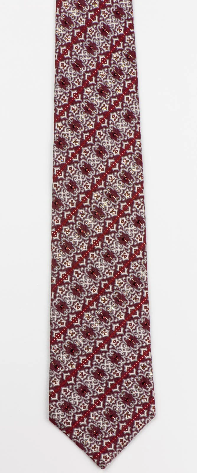 Daniel Hechter Men's Rhinestone Necktie Striped Silver Damask Motif On Burgundy - Image 5