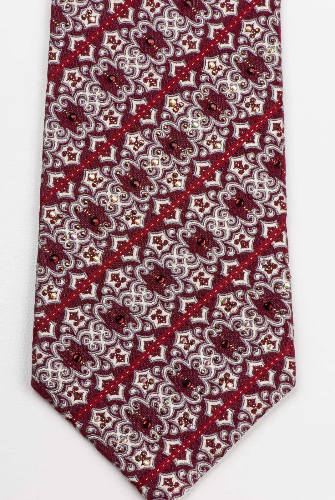 Daniel Hechter Men's Rhinestone Necktie Striped Silver Damask Motif On Burgundy - Image 7