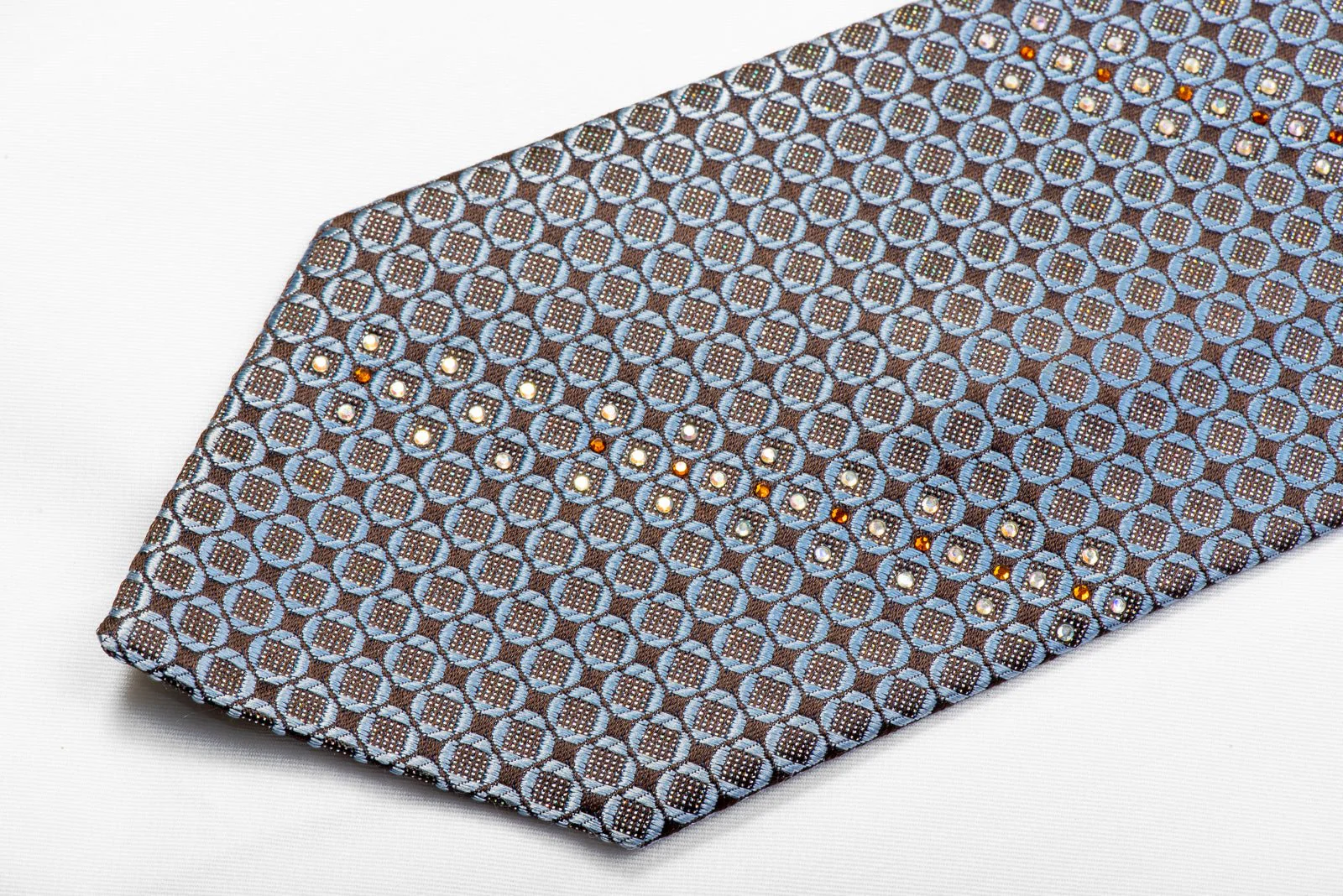 Daniel Hechter Men's Rhinestone Silk Necktie Blue Geometric On Brown With Silver Sparkles - Image 4