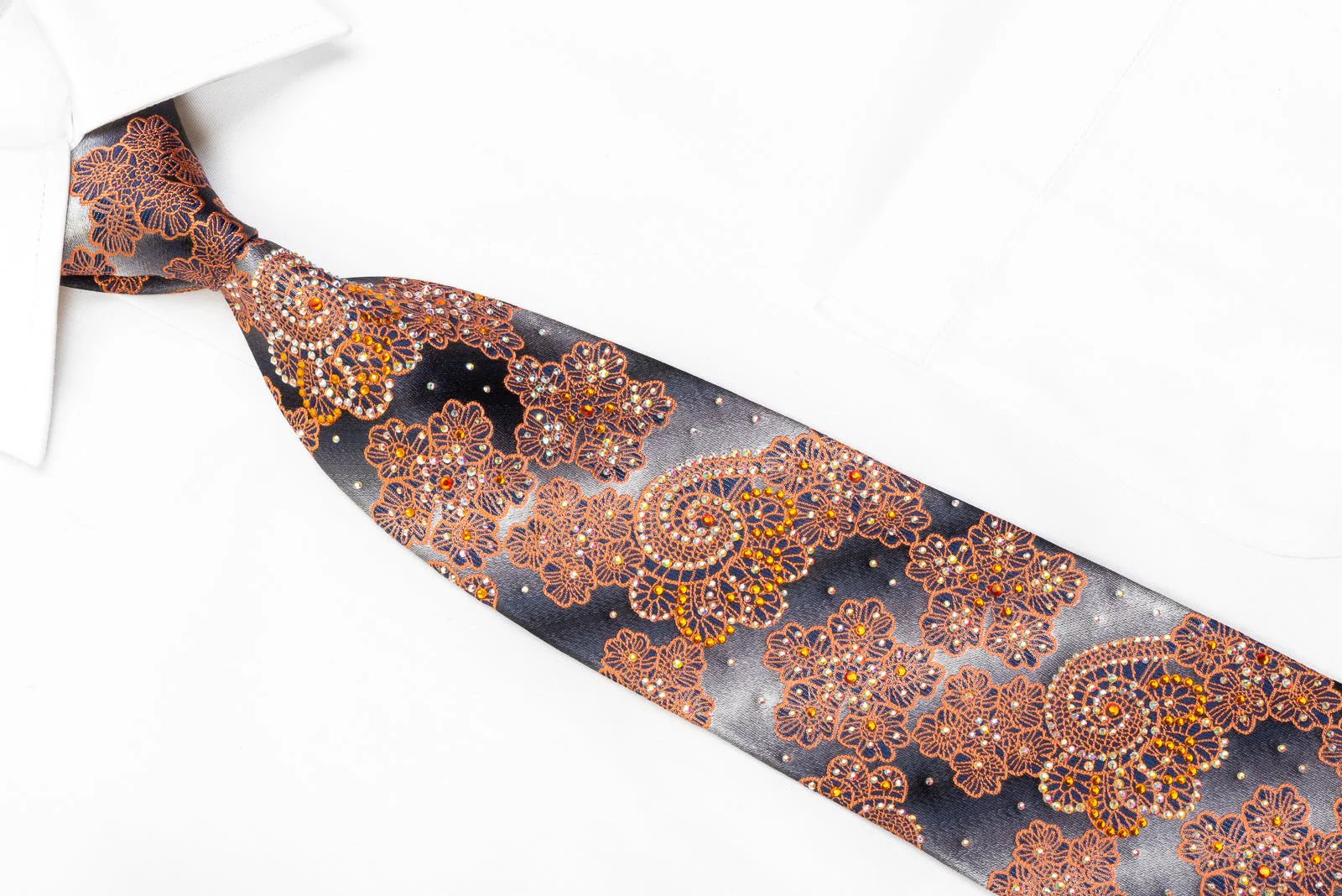 Daniel Hechter Men's Rhinestone Silk Necktie Orange Paisley Anthemion On Silver - Image 2