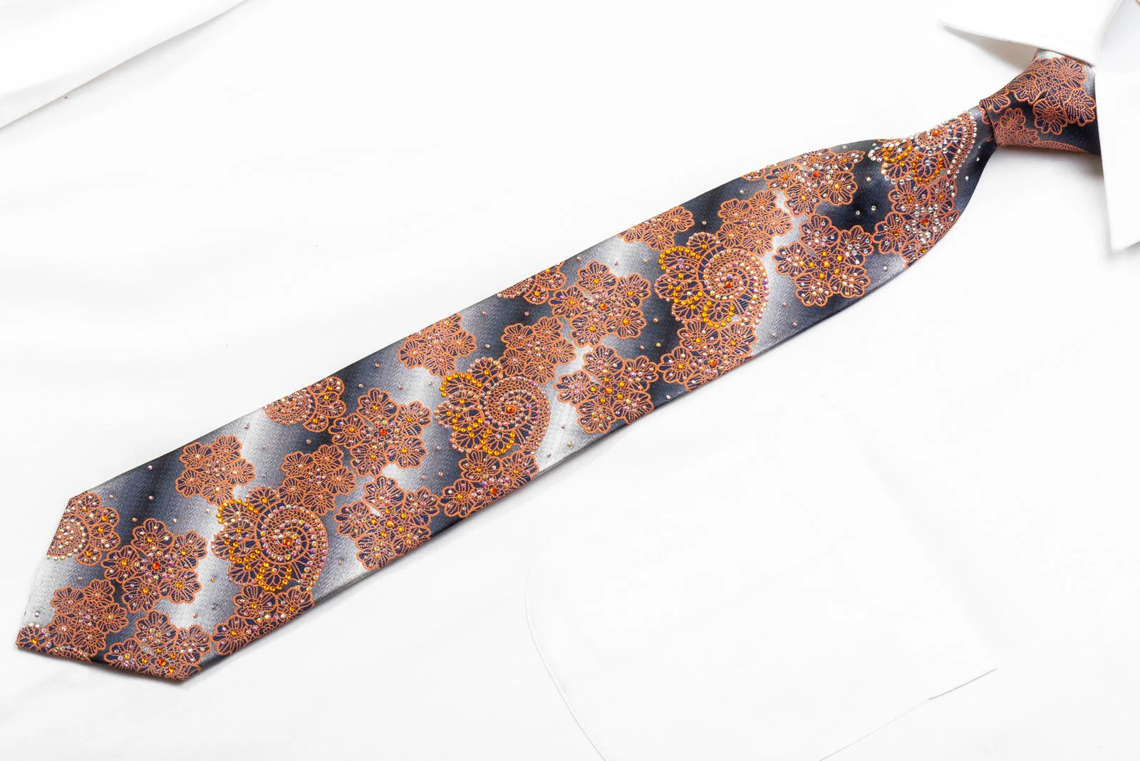 Daniel Hechter Men's Rhinestone Silk Necktie Orange Paisley Anthemion On Silver - Image 4