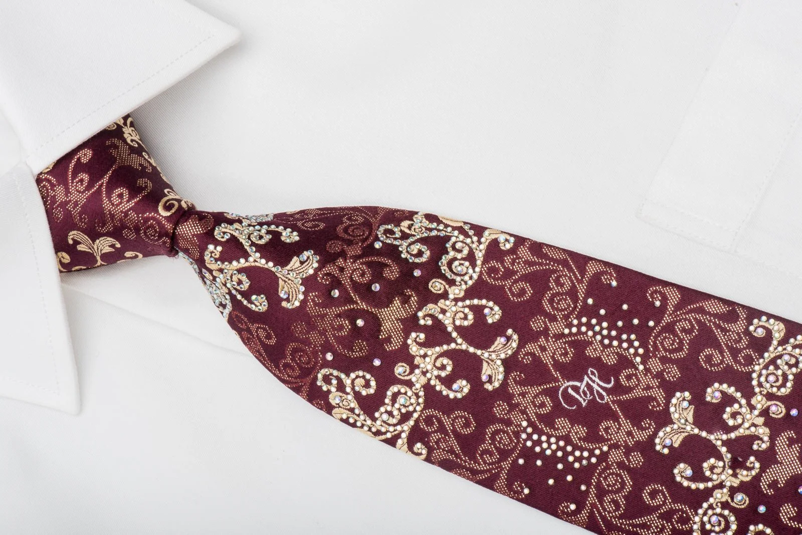 Daniel Hechter Men's Rhinestone Silk Tie Golden Damask On Burgundy With Sparkles - Image 2