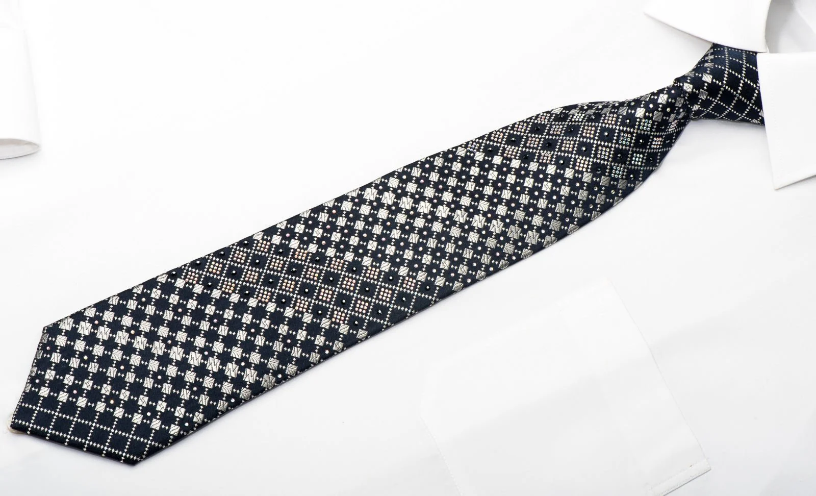 Daniel Hechter Men's Silk Necktie Silver Checkered On Navy Sparkling With Rhinestones - Image 4