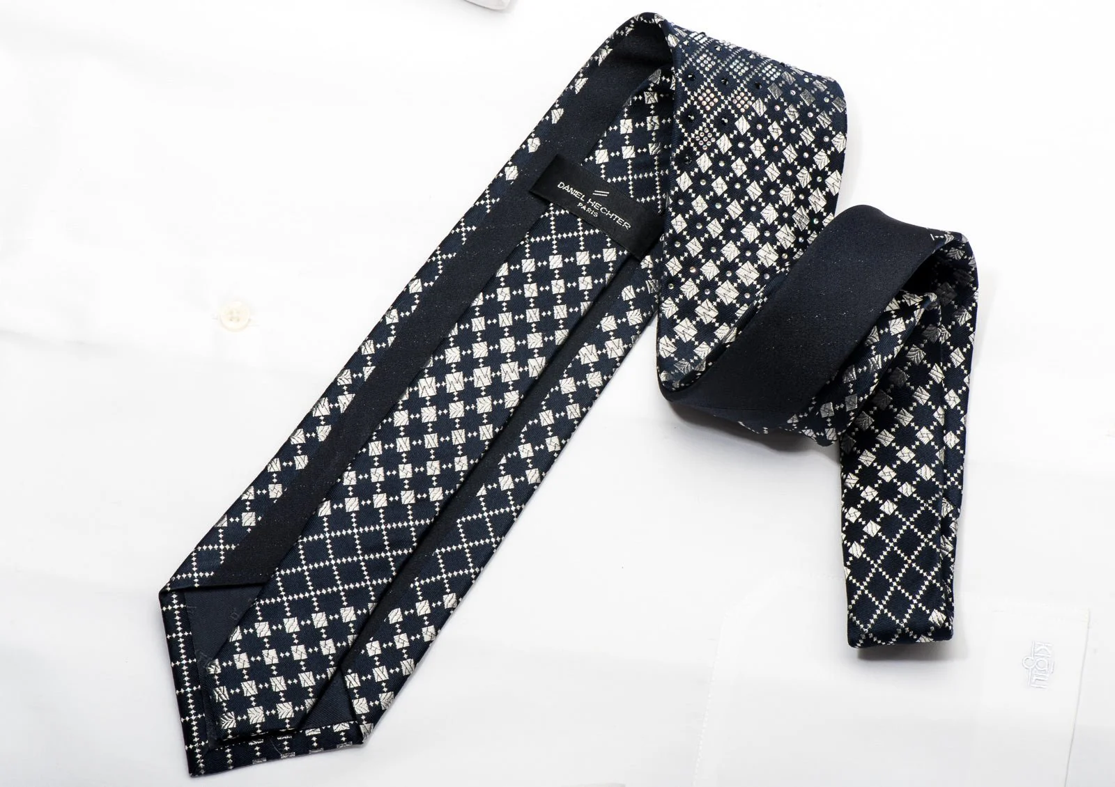 Daniel Hechter Men's Silk Necktie Silver Checkered On Navy Sparkling With Rhinestones - Image 5